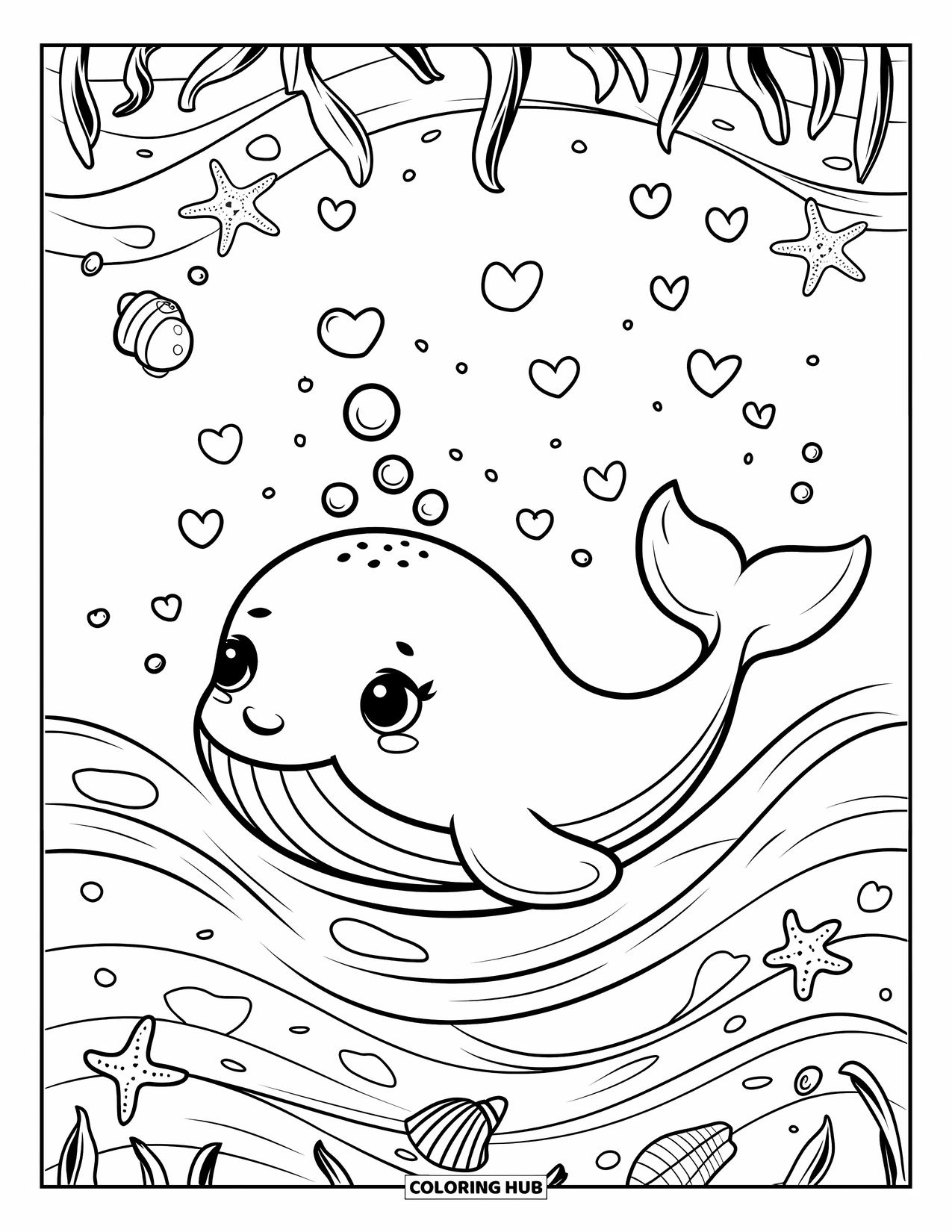 Kolorowanka z wielorybem dla dorosłych: Mały wieloryb unosi się radośnie na fali, z muszelkami i rozgwiazdami zdobiącymi morze