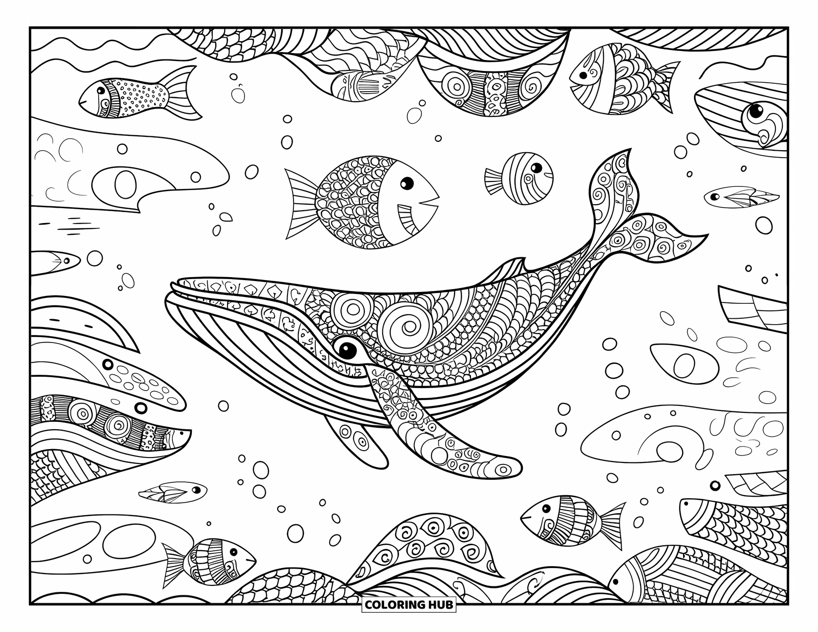 Kolorowanka z wielorybem dla dorosłych: Pięknie wzorzysty wieloryb płynie przez morze wirujących fal Zentangle i pływających ryb