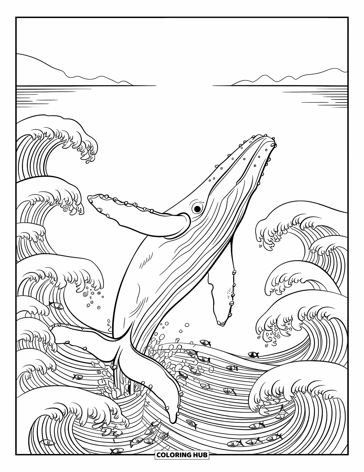 Kolorowanka z wielorybem dla dorosłych: Wyskakujący humbak wyłania się z okrągłych fal, z małymi rybkami pływającymi wokół