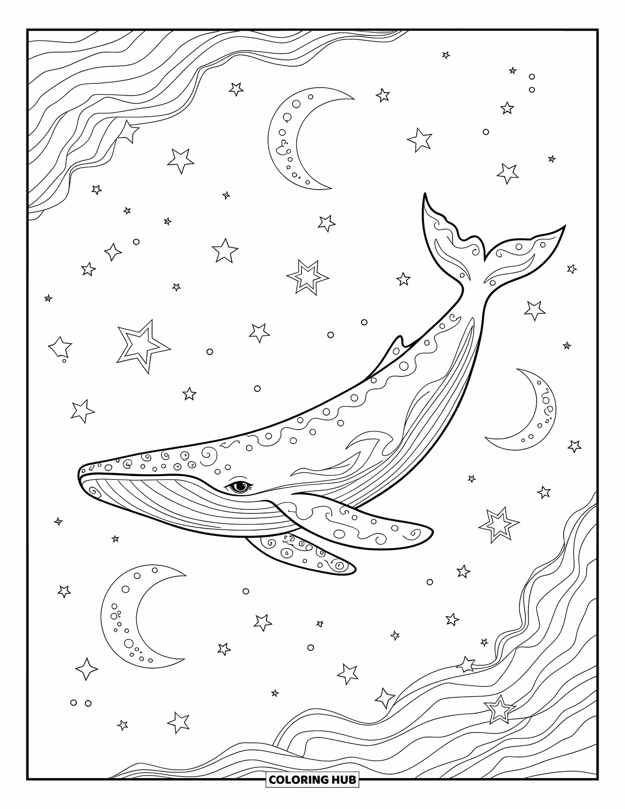 Kolorowanka z wielorybem dla dorosłych: Niebiański wieloryb dryfuje po sennym niebie, otoczony gwiazdami i sierpami księżyca