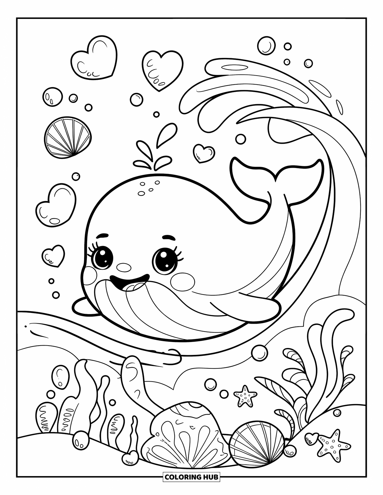 Kolorowanka z wielorybem dla dorosłych: Wesoły mały wieloryb pływa przez bańki w kształcie serc, z muszelkami i wodorostami w pobliżu