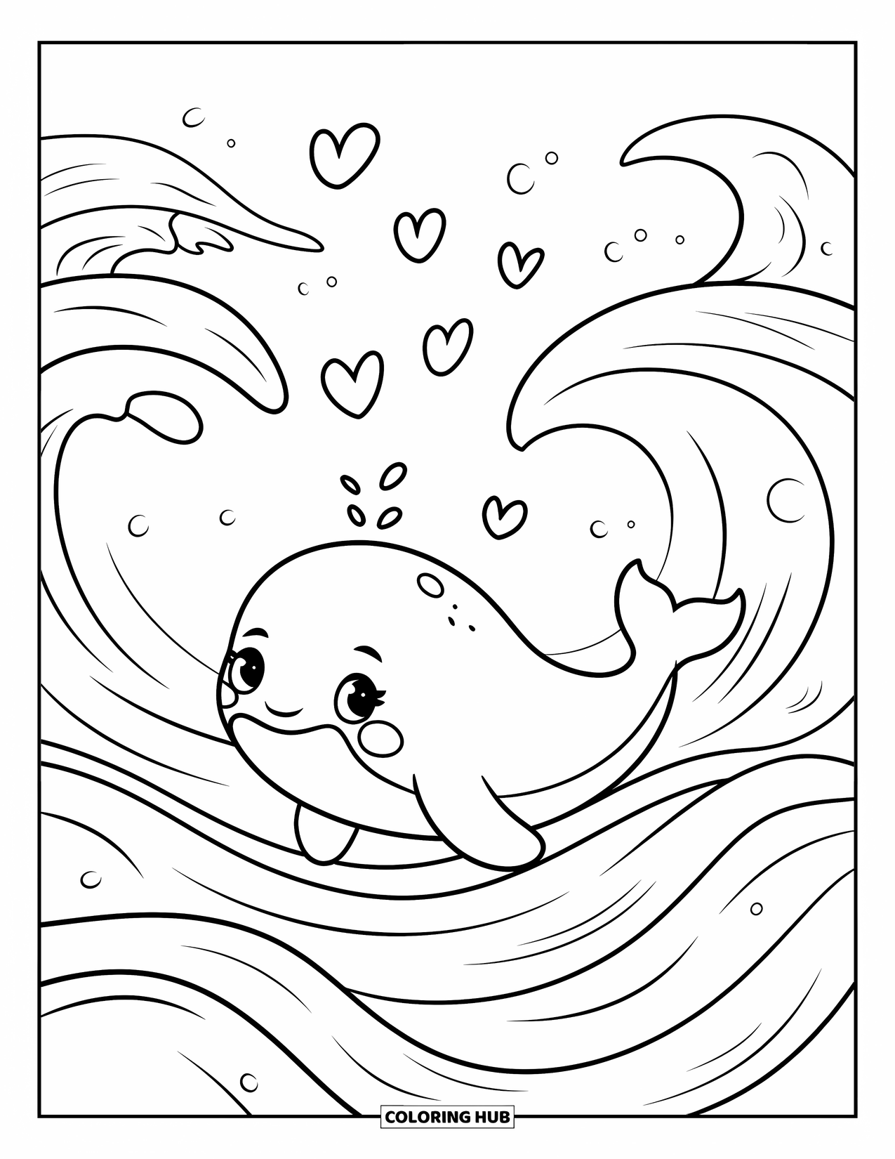 Kolorowanka z wielorybem dla dorosłych: Pulchny mały wieloryb dryfuje na delikatnej fali, otoczony drobnymi bańkami w kształcie serc
