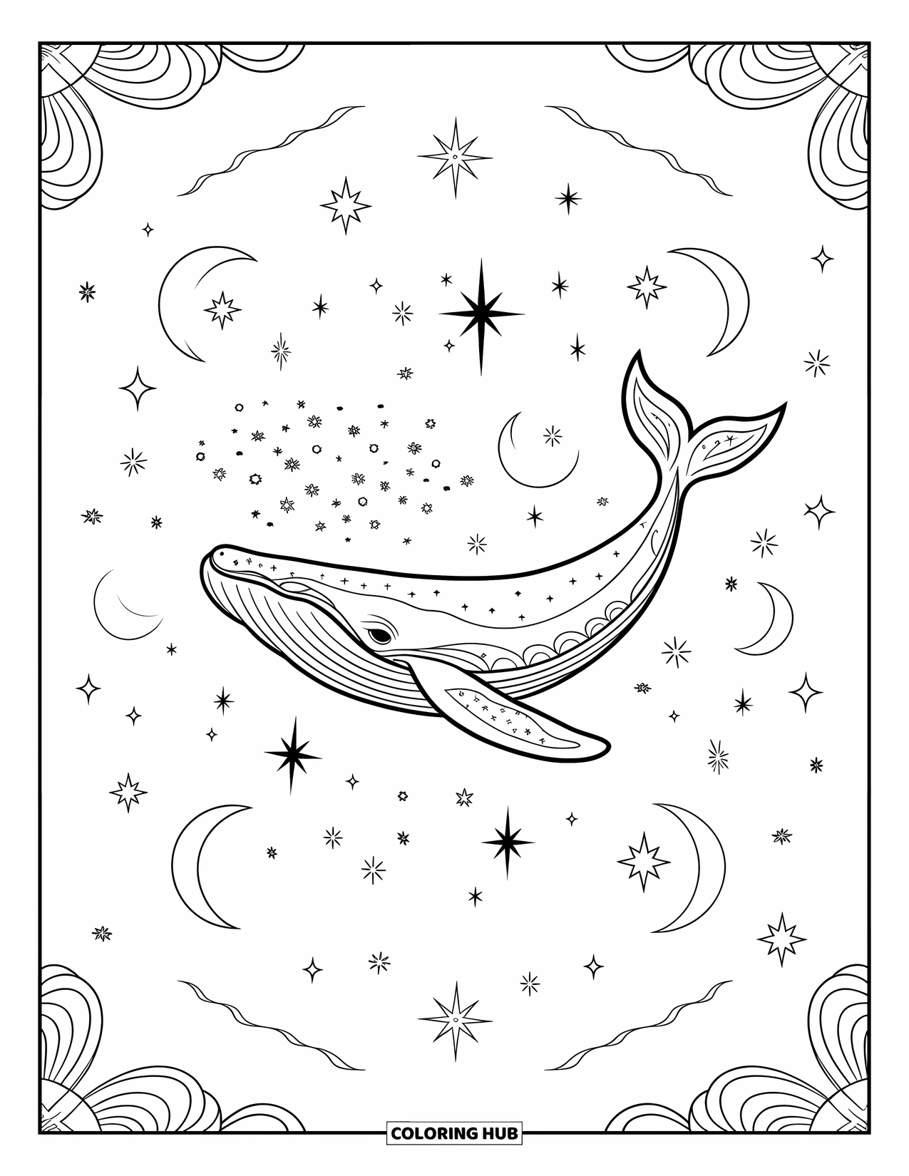 Kolorowanka z wielorybem dla dorosłych: Kosmiczny wieloryb ze skomplikowanymi wzorami szybuje po rozgwieżdżonym nocnym niebie z świecącymi księżycami