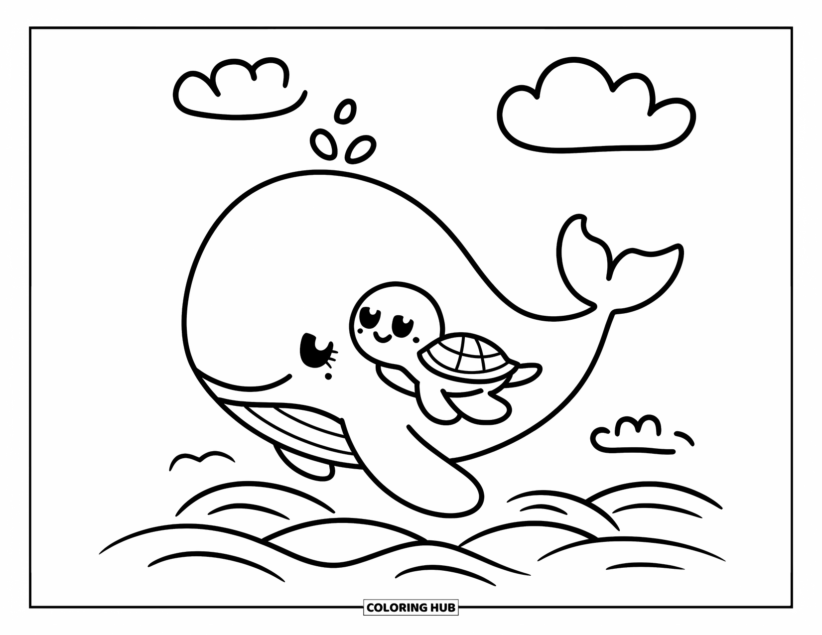 Kolorowanka z wielorybem dla dorosłych: Uroczy mały wieloryb przytula się do maleńkiego żółwia morskiego, dryfując pod puszystymi chmurami