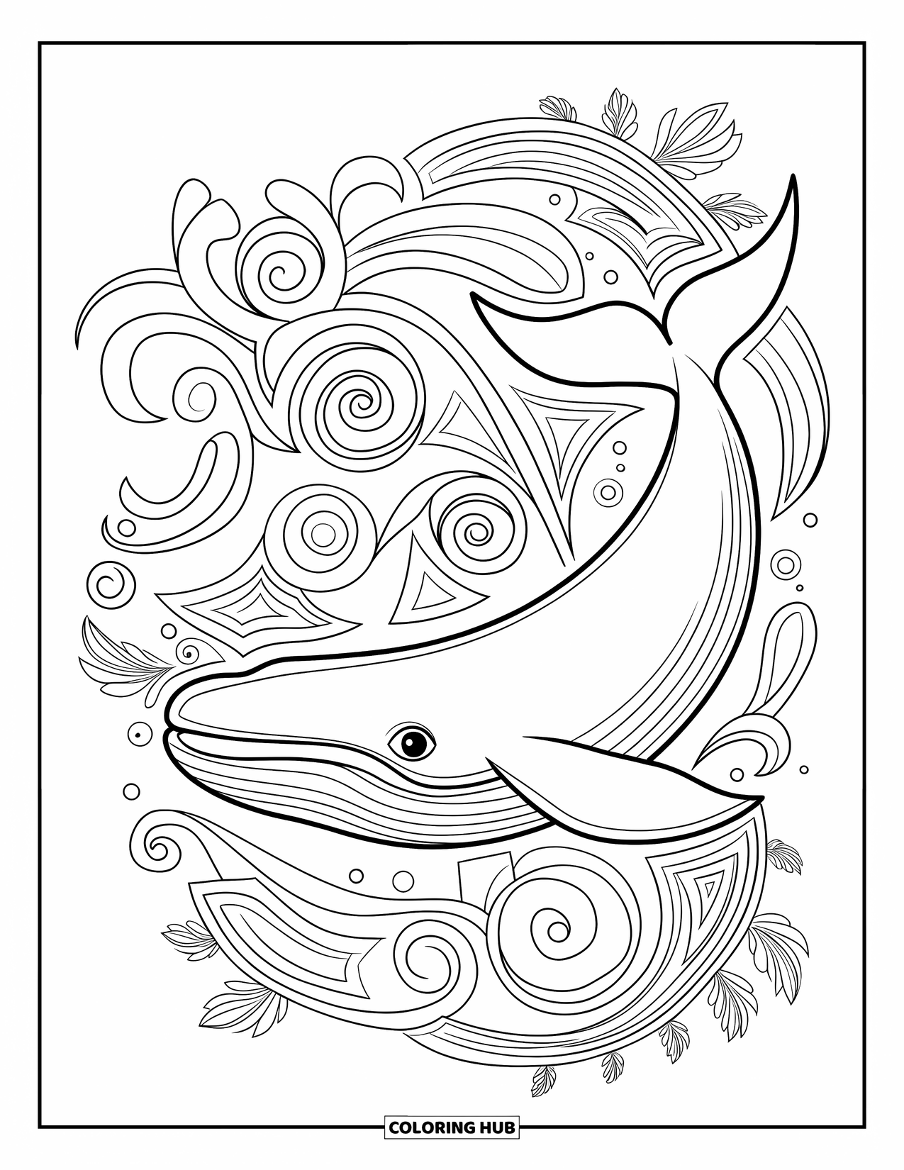 Kolorowanka z wielorybem dla dorosłych: Ozdobny wieloryb ozdobiony skomplikowanymi spiralami i kwiatowymi wzorami pływa przez spokojny ocean