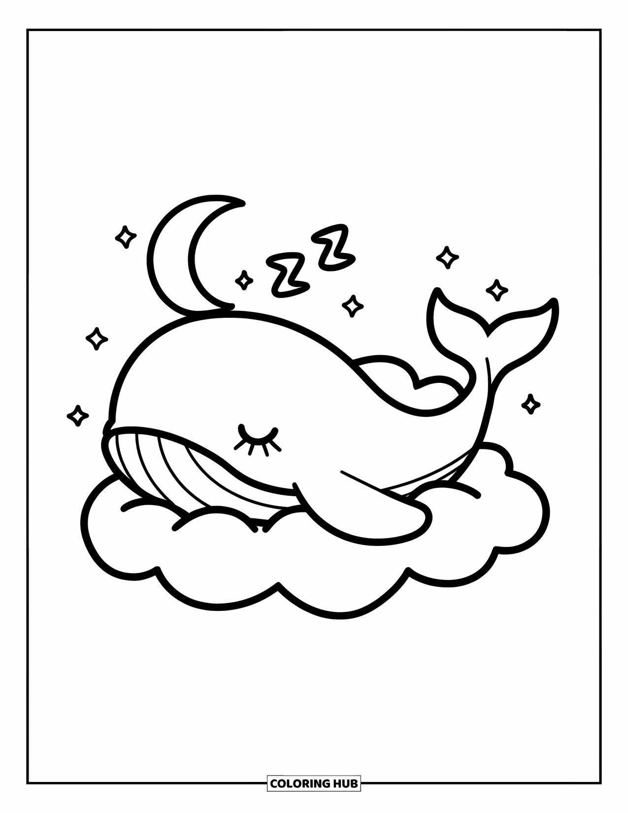 Kolorowanka z wielorybem dla dorosłych: Śniący wieloryb śpi na chmurze, a sierp księżyca i drobne gwiazdy świecą powyżej