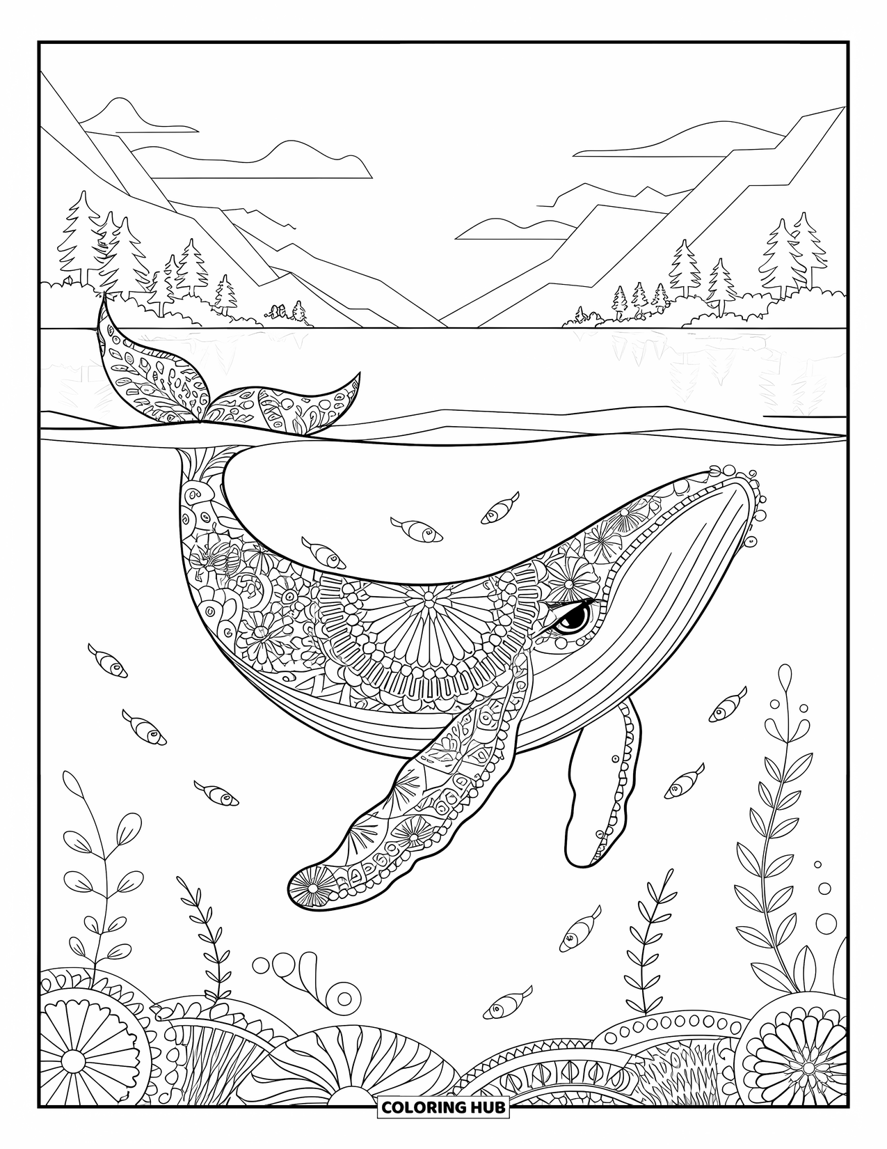 Kolorowanka z wielorybem dla dorosłych: Wieloryb we wzory kwiatowe pływa obok małych rybek, z górami i drzewami w oddali