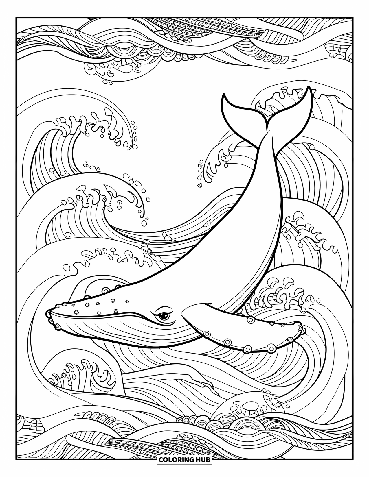Kolorowanka z wielorybem dla dorosłych: Pełen gracji wieloryb pływa przez ocean, otoczony skomplikowanymi wirującymi falami i wzorami