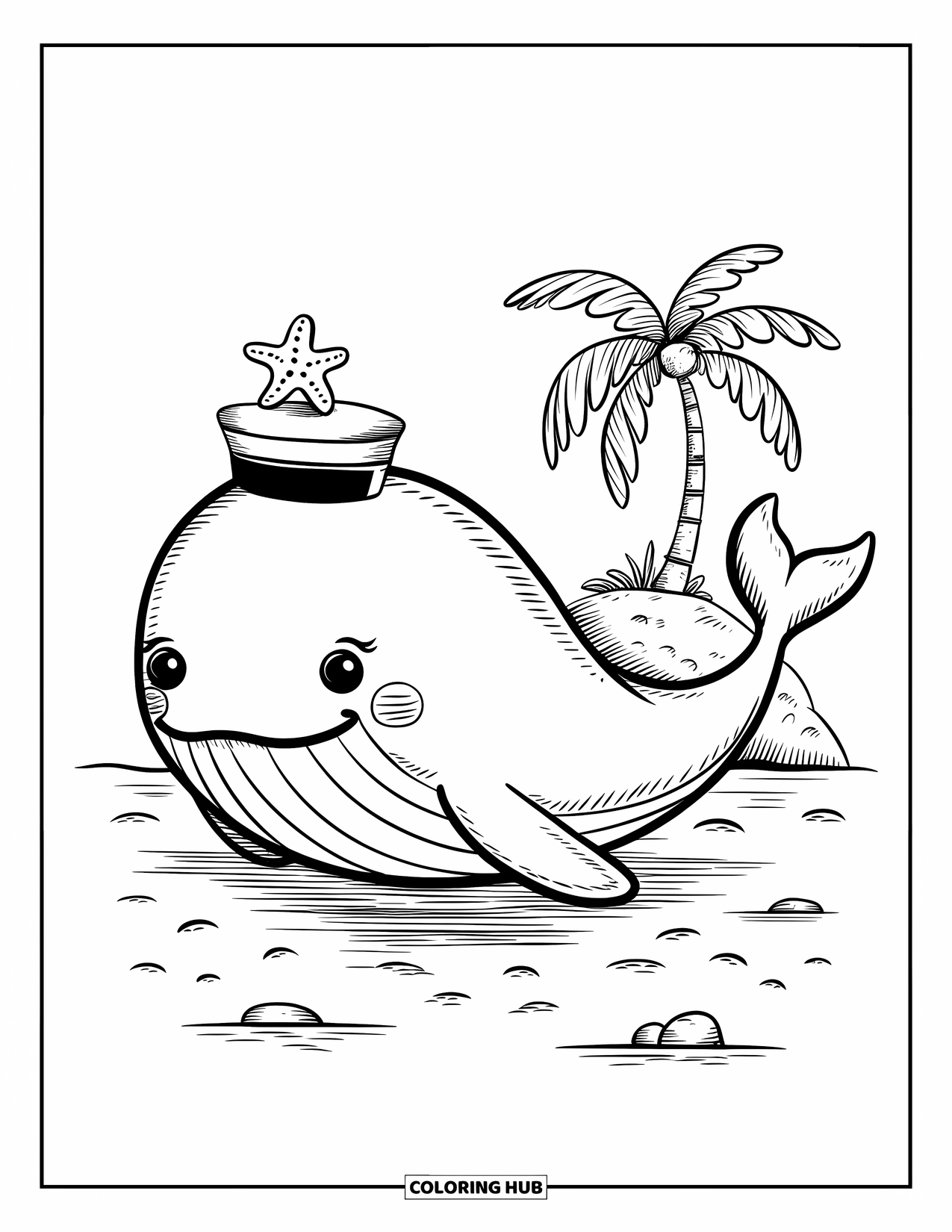 Kolorowanka z wielorybem dla dorosłych: Radosny wieloryb w marynarskiej czapce unosi się w pobliżu maleńkiej wyspy, delikatnie balansując rozgwiazdą