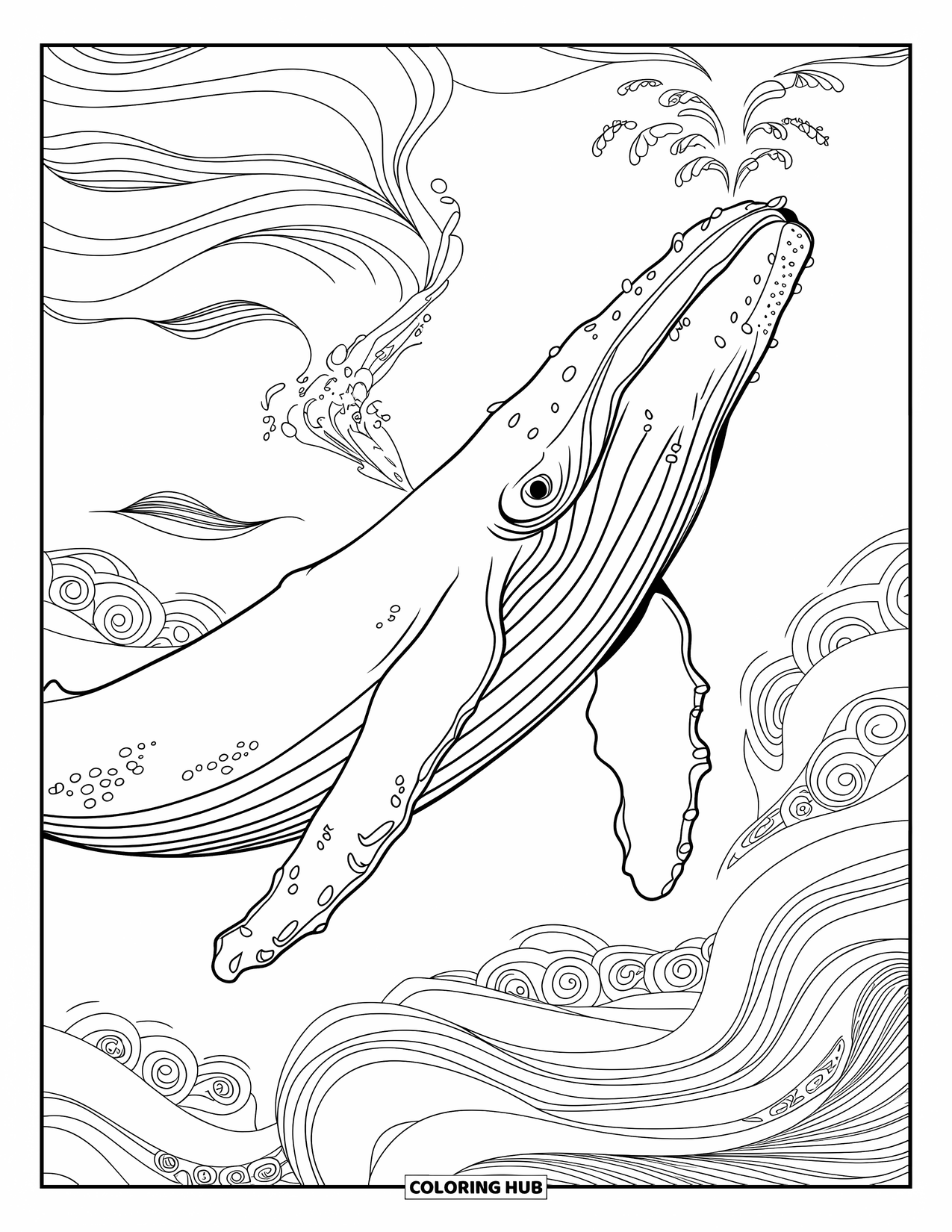 Kolorowanka z wielorybem dla dorosłych: Humbak wydmuchuje powietrze z otworu nosowego, otoczony wirującymi falami oceanu