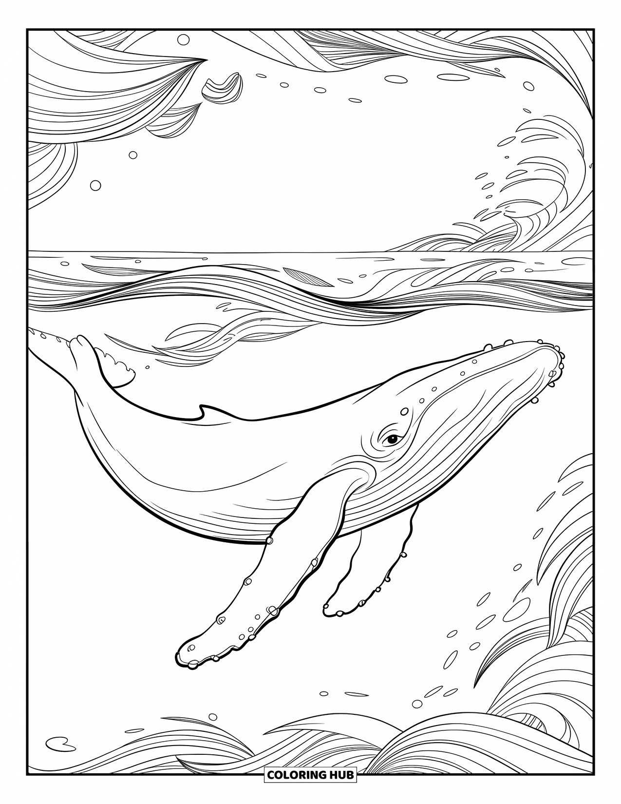 Kolorowanka z wielorybem dla dorosłych: Humbak sunie przez rozległy ocean, a wirujące fale kształtują tło
