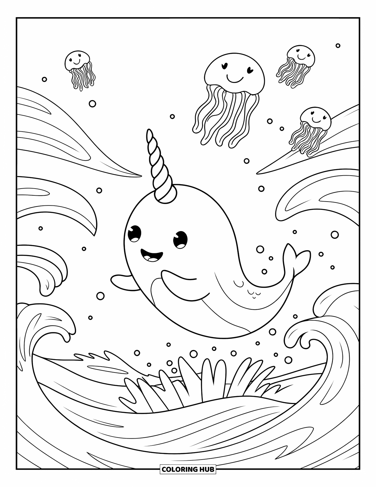 Kolorowanka z wielorybem dla dorosłych: Radosny narwal skacze przez morze, otoczony przyjaznymi meduzami i delikatnymi falami