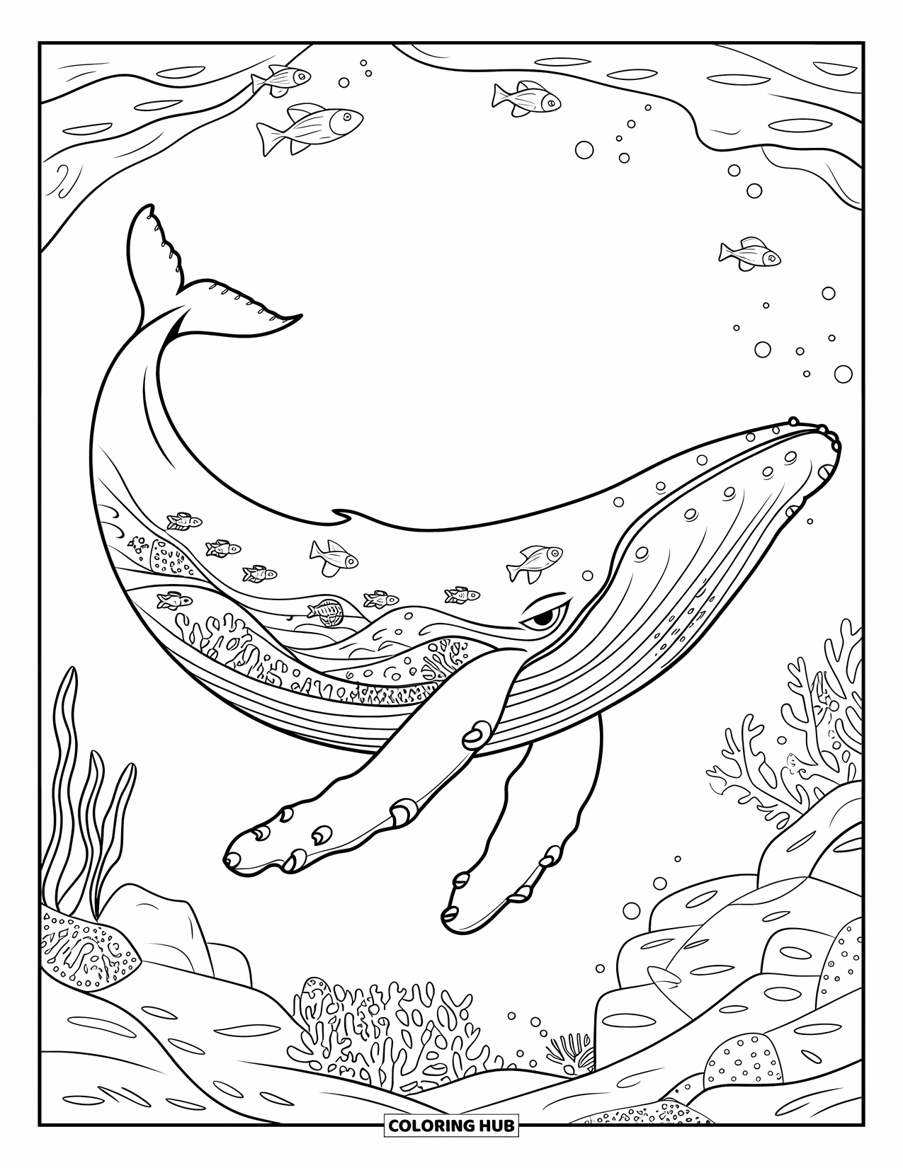Kolorowanka z wielorybem dla dorosłych: Majestatyczny wieloryb płynie przez morze, a jego ciało wypełnione jest rybami, koralowcami i falami oceanicznymi