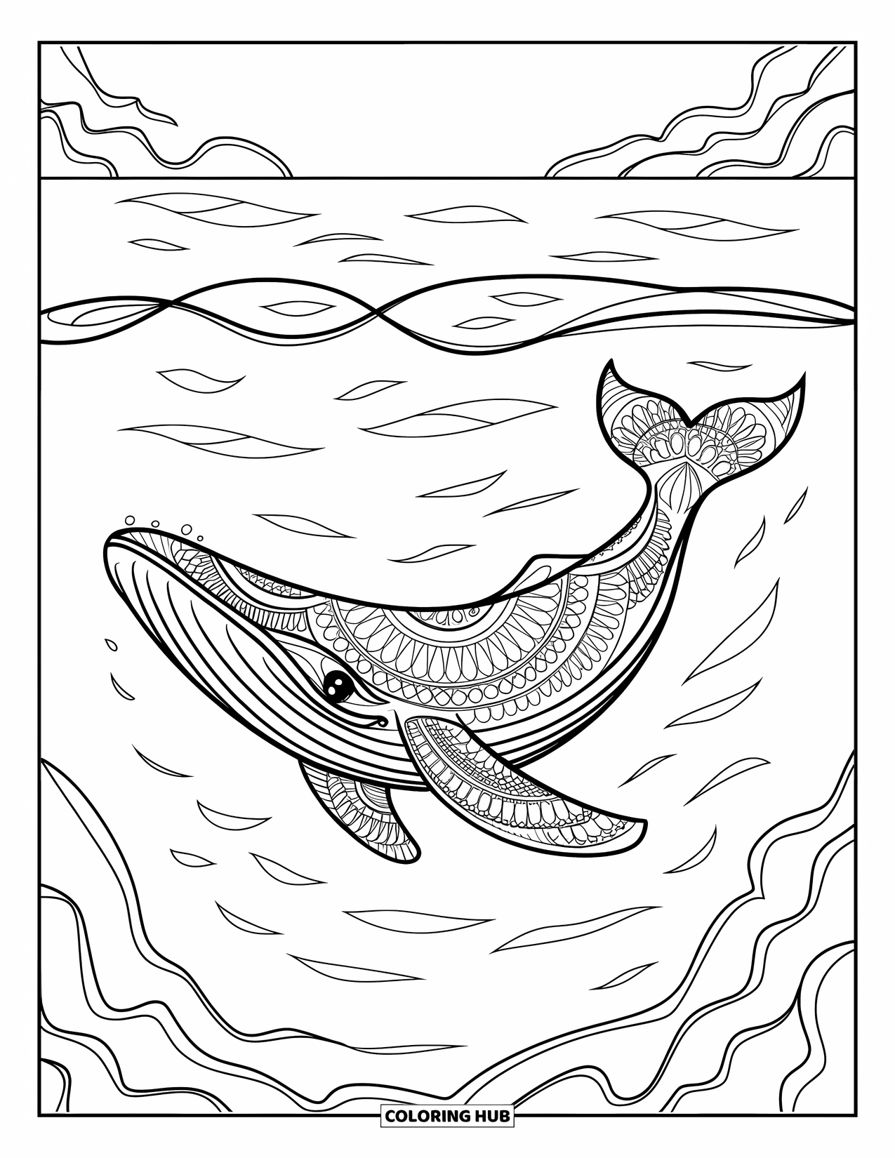 Kolorowanka z wielorybem dla dorosłych: Wieloryb z mandalą płynie przez morze, z falami i skałami w tle