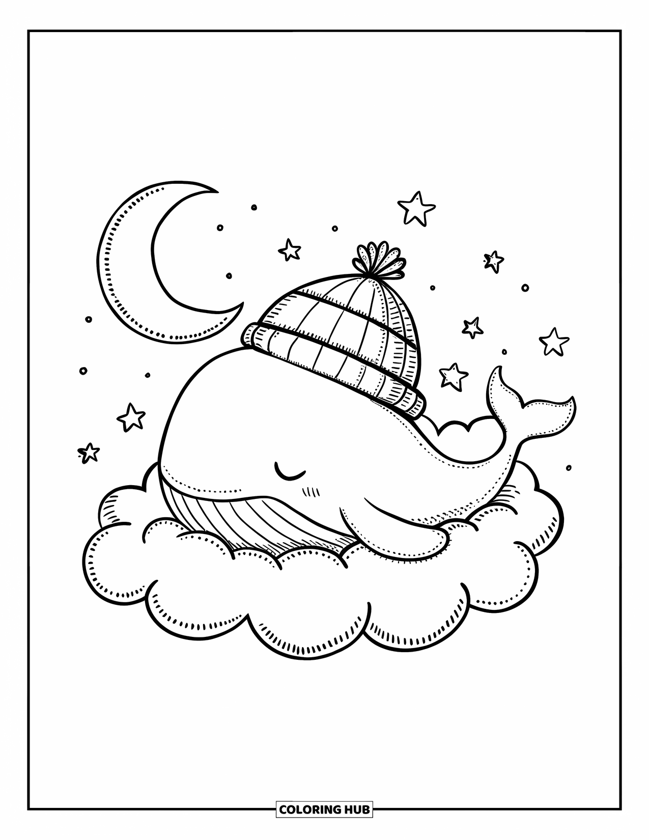 Kolorowanka z wielorybem dla dorosłych: Śpiący wieloryb w pasiastym kapeluszu odpoczywa na chmurze, a sierp księżyca świeci powyżej