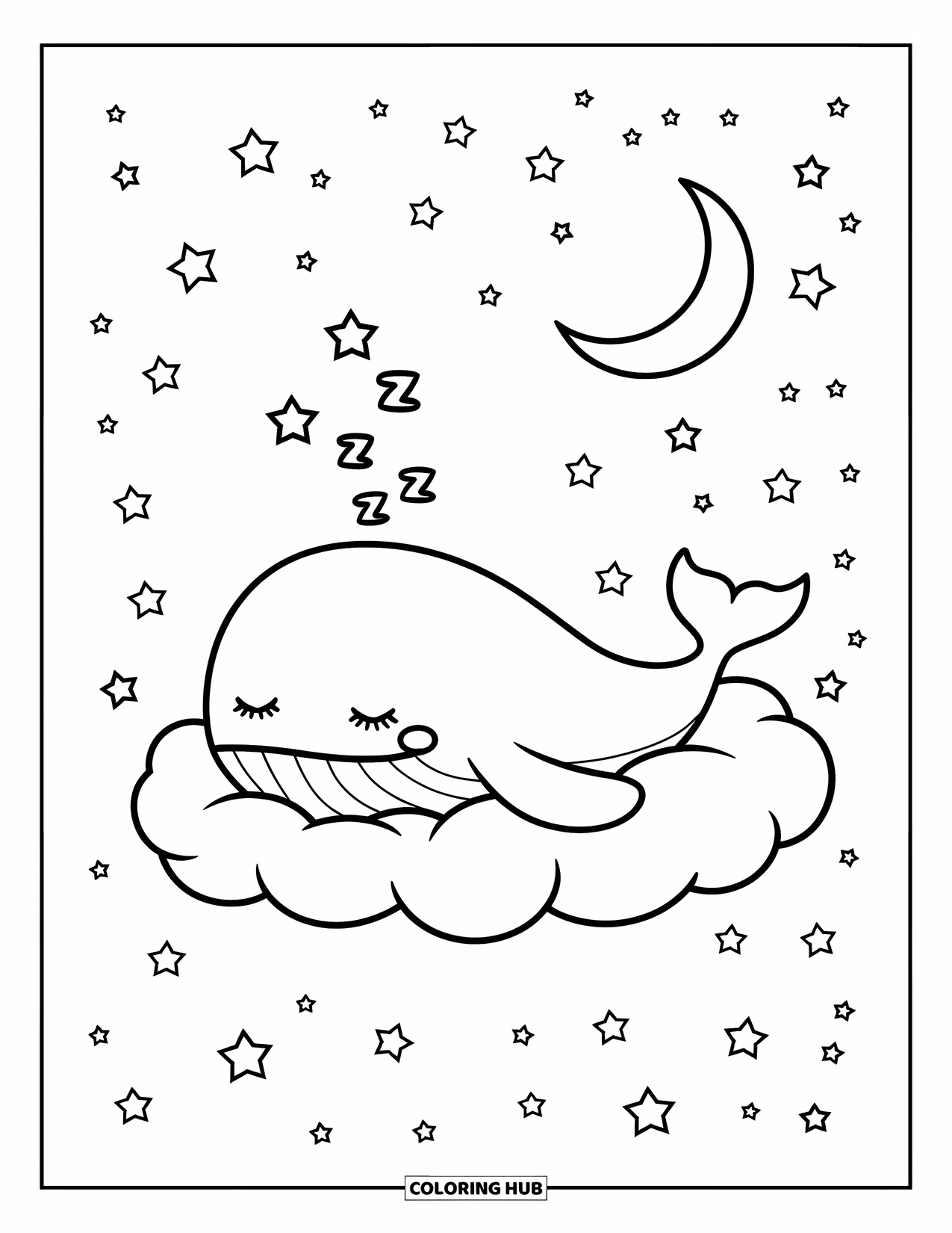 Kolorowanka z wielorybem dla dorosłych: Śpiący wieloryb odpoczywa spokojnie na puszystej chmurze, otoczony migoczącymi gwiazdami i sierpem księżyca