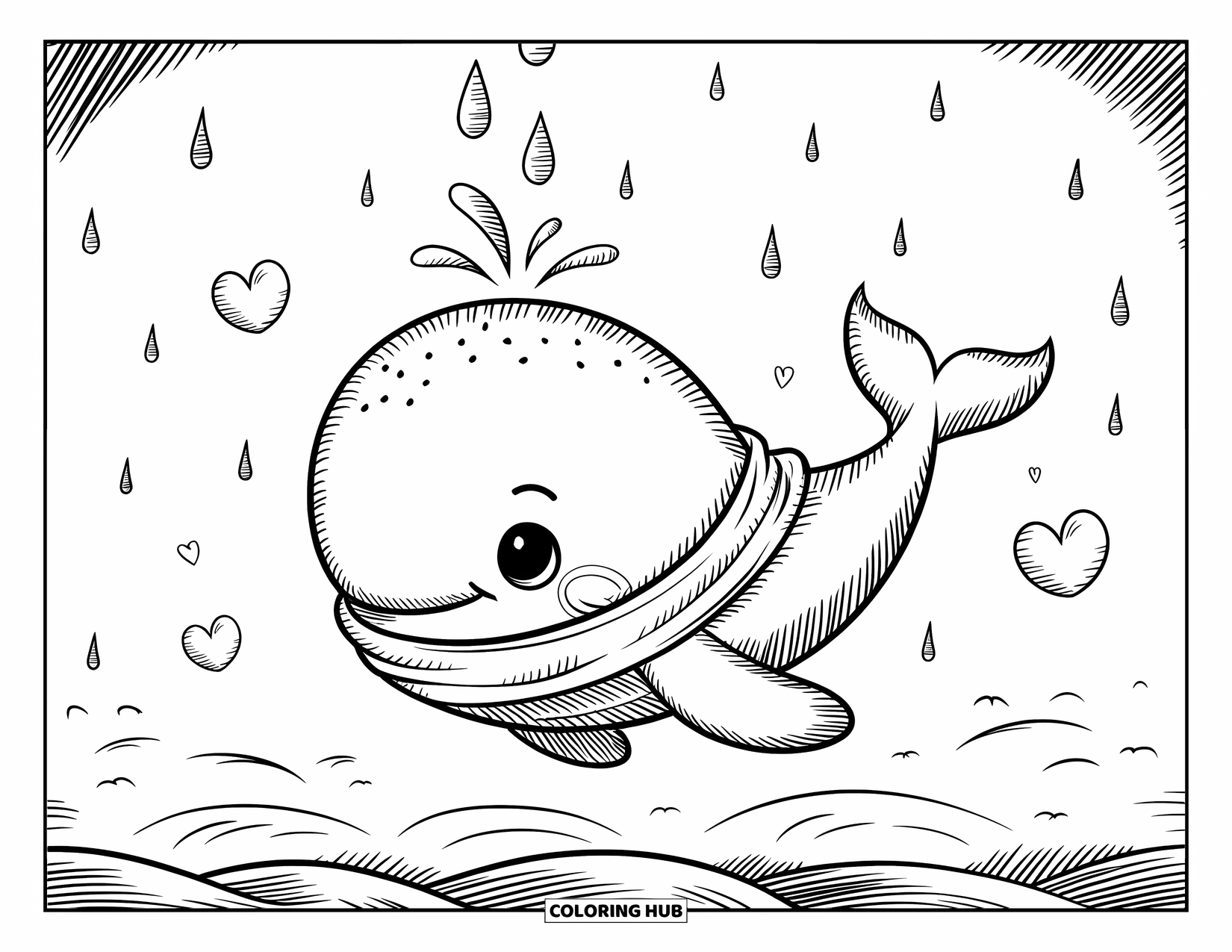Kolorowanka z wielorybem dla dorosłych: Miękki, puszysty wieloryb w szaliku pływa pod bańkami w kształcie kropli deszczu z gwiazdami i sercami
