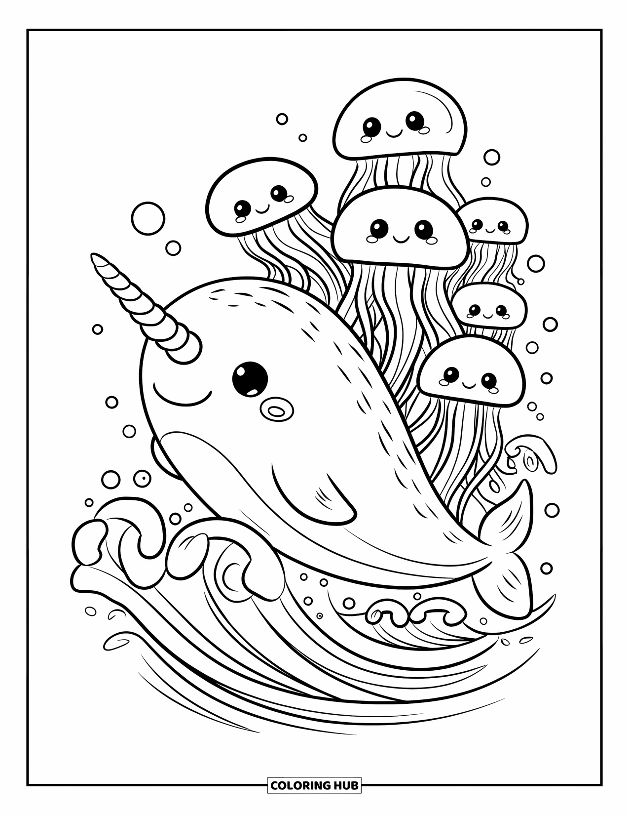 Kolorowanka z wielorybem dla dorosłych: Maleńki narwal z zakręconym rogiem skacze radośnie przez fale, otoczony uśmiechniętymi meduzami