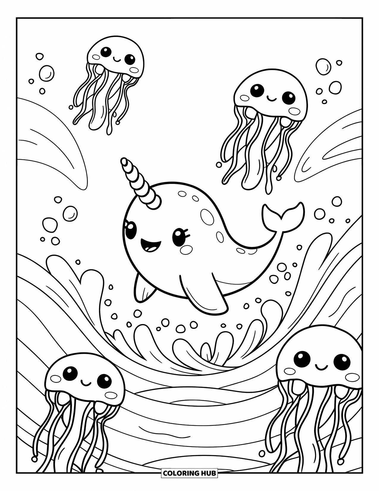 Kolorowanka z wielorybem dla dorosłych: Maleńki narwal ze spiralnym rogiem podskakuje przez delikatne fale, z meduzami unoszącymi się w pobliżu