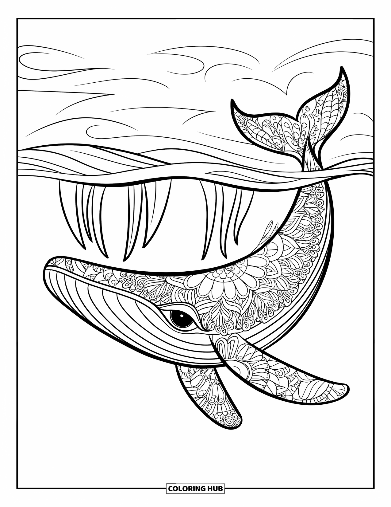 Kolorowanka z wielorybem dla dorosłych: Wieloryb ozdobiony mandalami i kwiatowymi wzorami pływa elegancko przez spokojny ocean