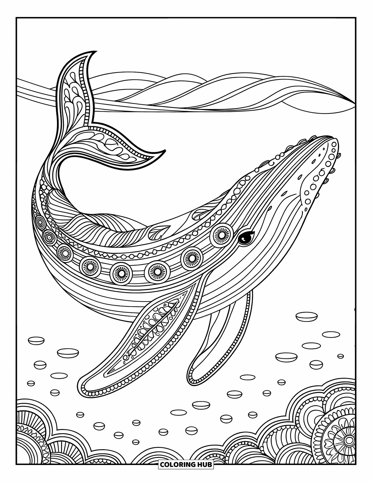 Kolorowanka z wielorybem dla dorosłych: Wieloryb ozdobiony eleganckimi geometrycznymi i kwiatowymi wzorami płynie przez spokojny ocean