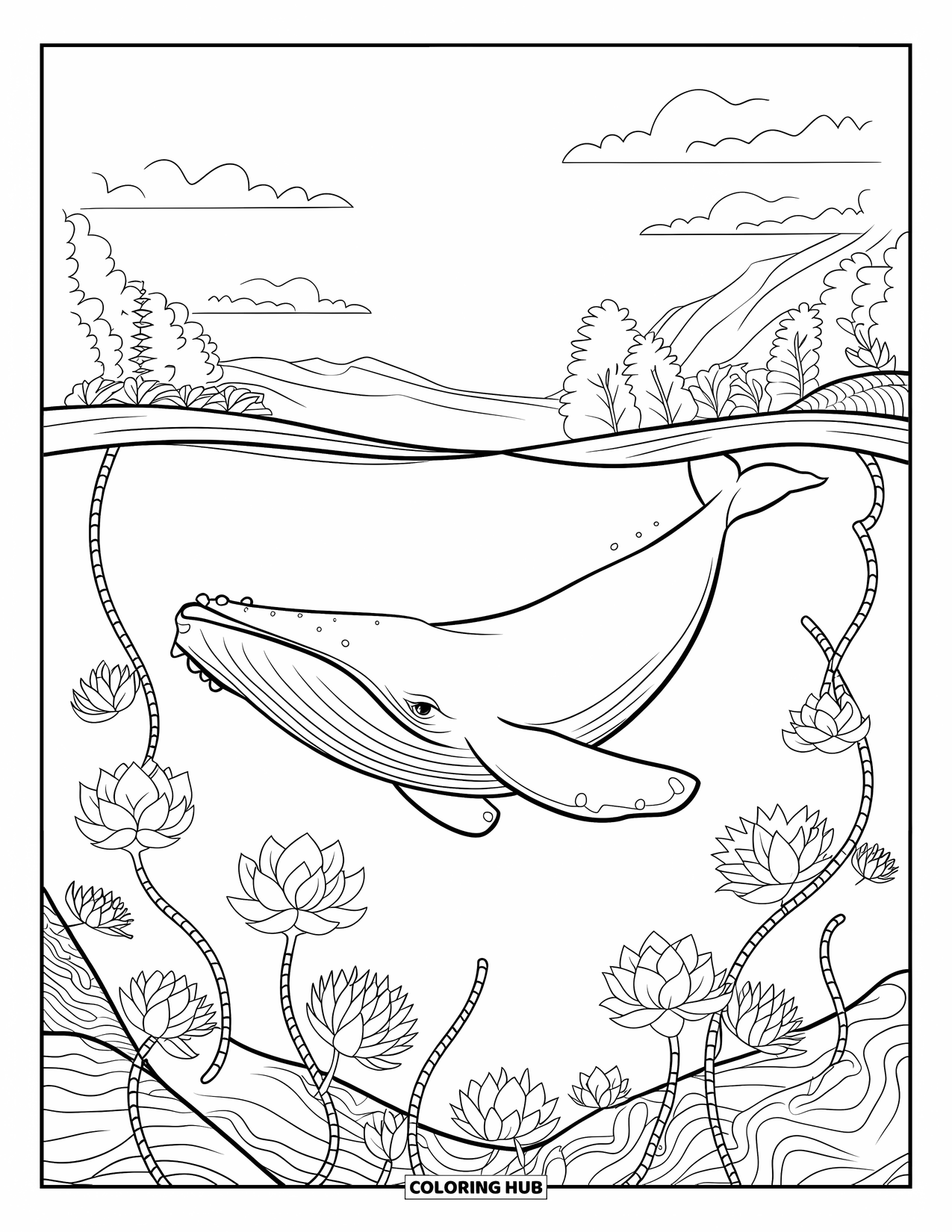 Kolorowanka z wielorybem dla dorosłych: Wieloryb płynie przez morze kwiatów lotosu, a pnącza delikatnie go oplatają