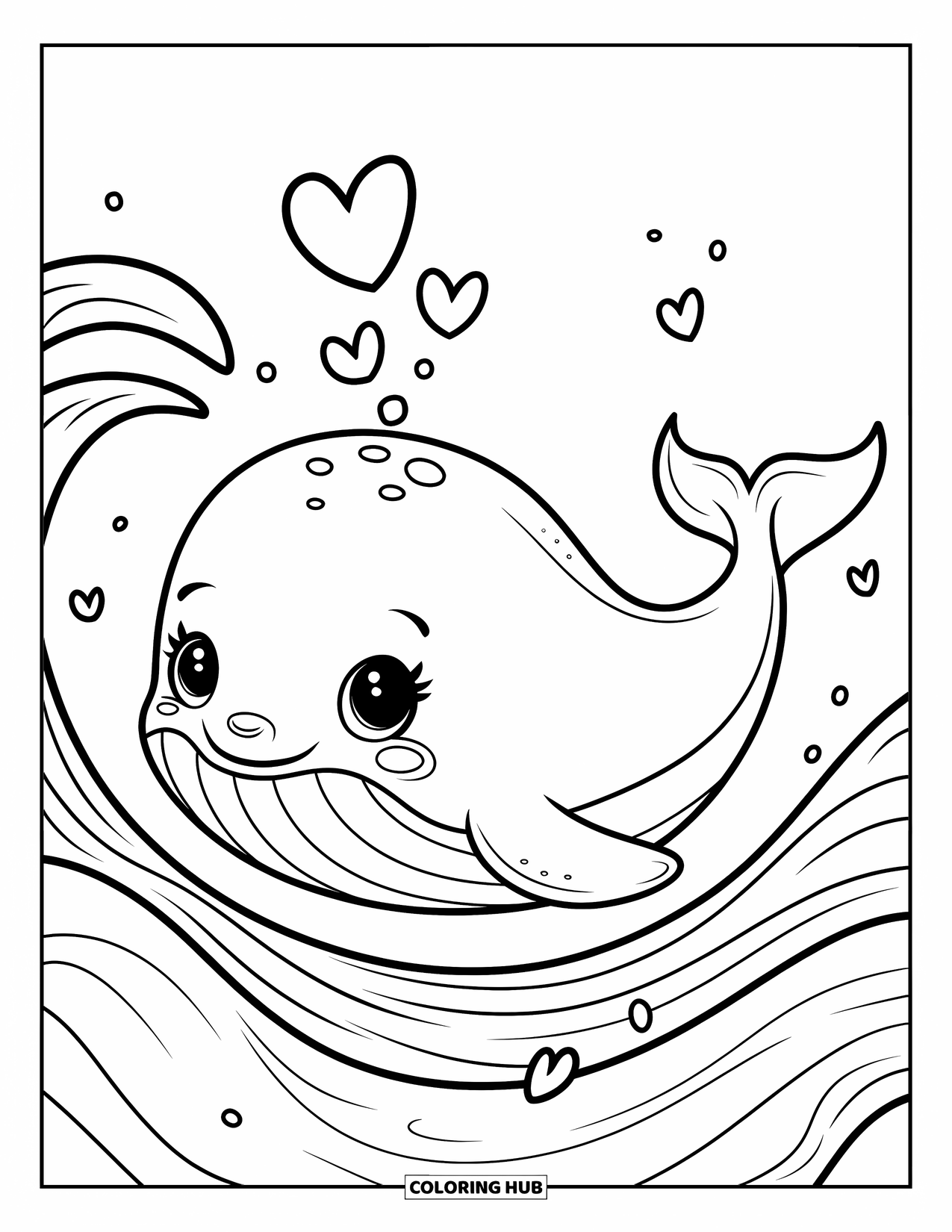 Kolorowanka z wielorybem dla dorosłych: Mały wieloryb z szeroko otwartymi oczami unosi się w oceanie, a drobne bańki w kształcie serc unoszą się wokół niego