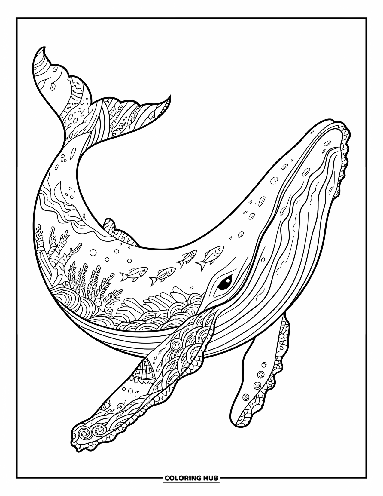 Kolorowanka z wielorybem dla dorosłych: Misternie zaprojektowany wieloryb zawiera ukryty podwodny świat ryb, fal i koralowców