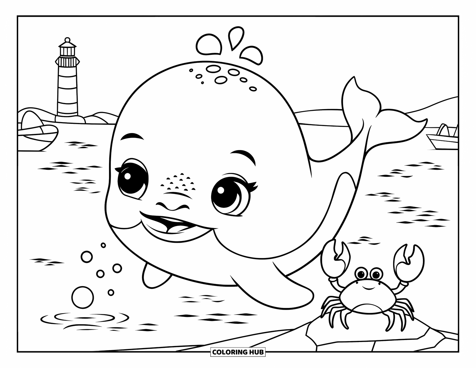 Kolorowanka z wielorybem dla dzieci: Mały wieloryb puszcza drobne bańki, podczas gdy krab obserwuje z pobliskiej skały