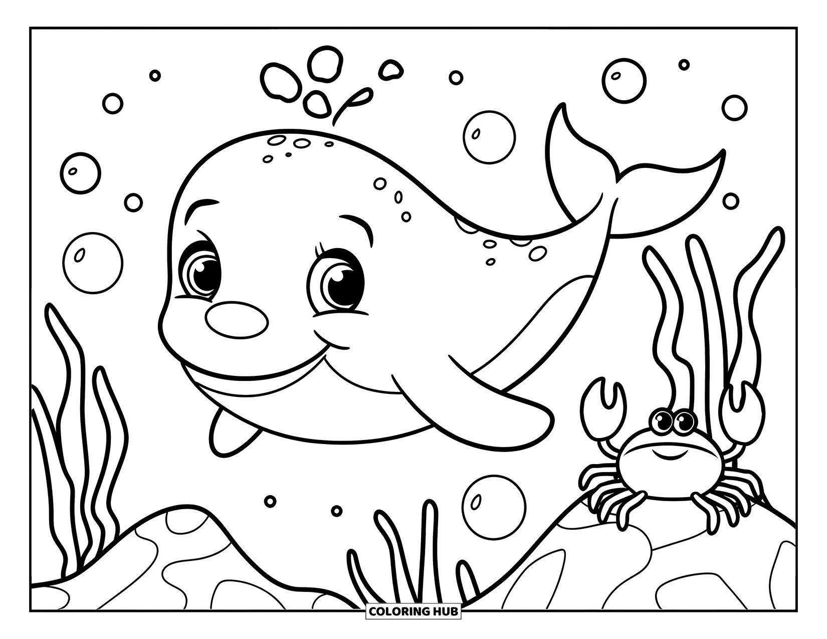 Kolorowanka z wielorybem dla dzieci: Mały wieloryb figlarnie puszcza bańki, a mały krab siedzi na pobliskiej skale