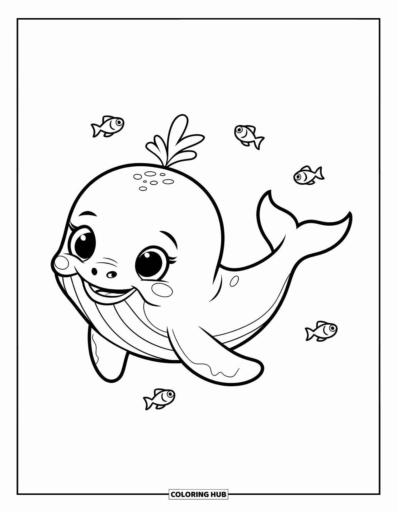 Kolorowanka z wielorybem dla dzieci: Mały wieloryb pływa w zabawnej pozie, otoczony drobnymi rybkami na otwartym morzu