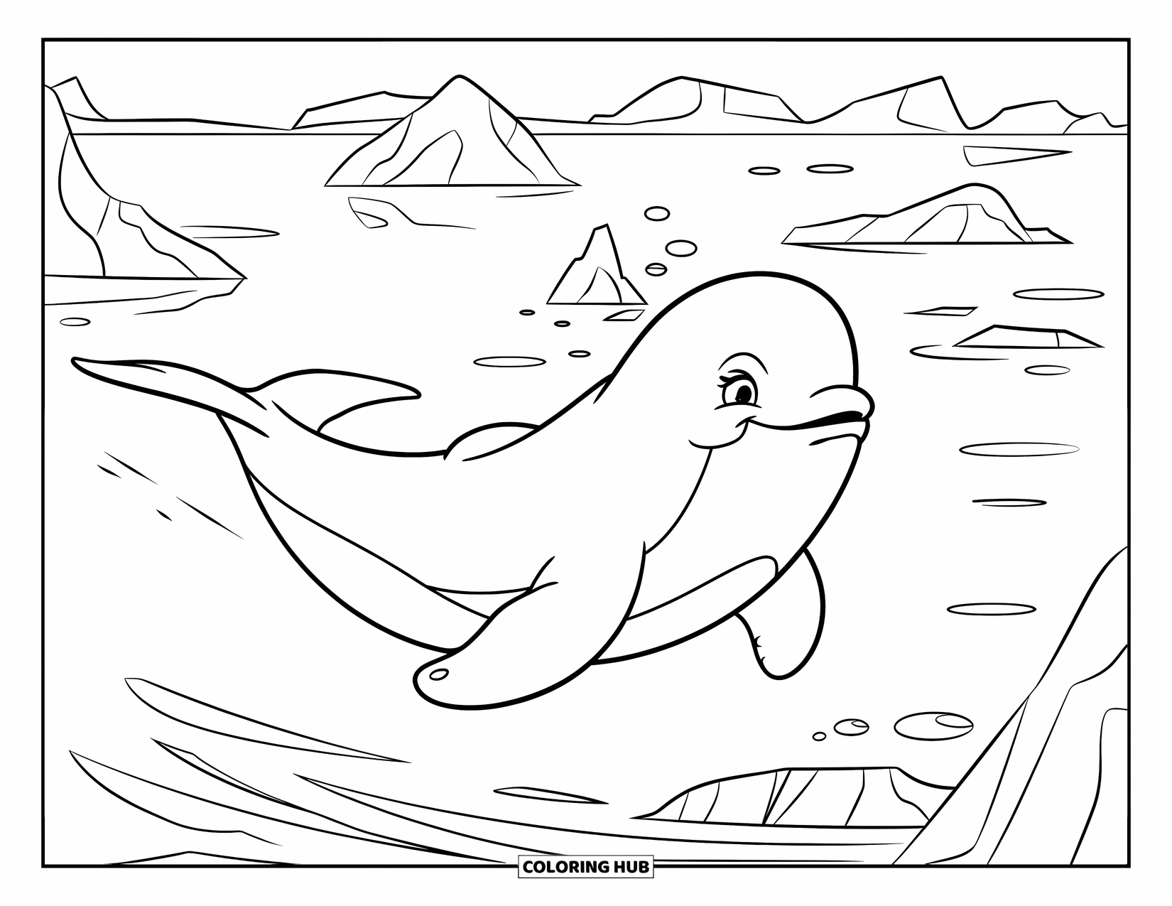 Kolorowanka z wielorybem dla dzieci: Biełucha płynie przez lodowate wody Arktyki, otoczona pływającymi górami lodowymi i spokojnymi falami