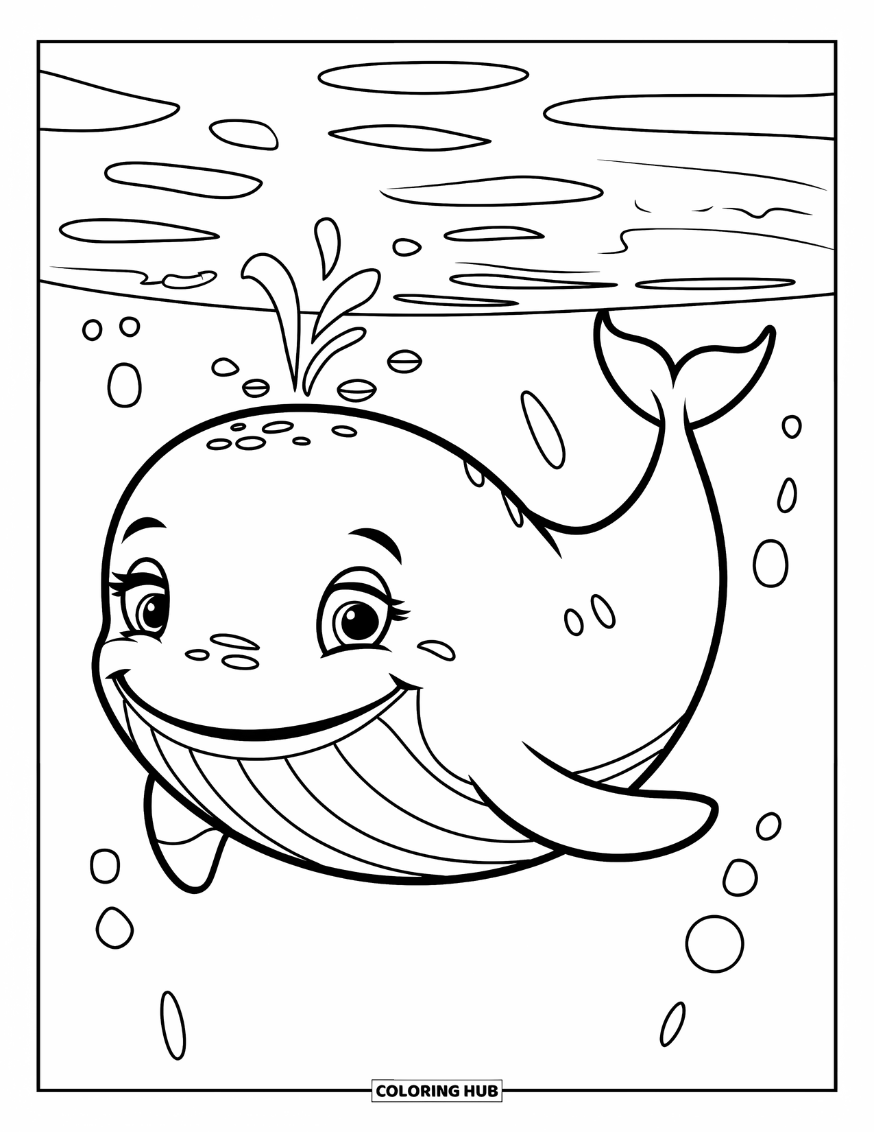 Kolorowanka z wielorybem dla dzieci: Duży, radosny wieloryb unosi się na morzu, a drobne bańki unoszą się w spokojnej wodzie