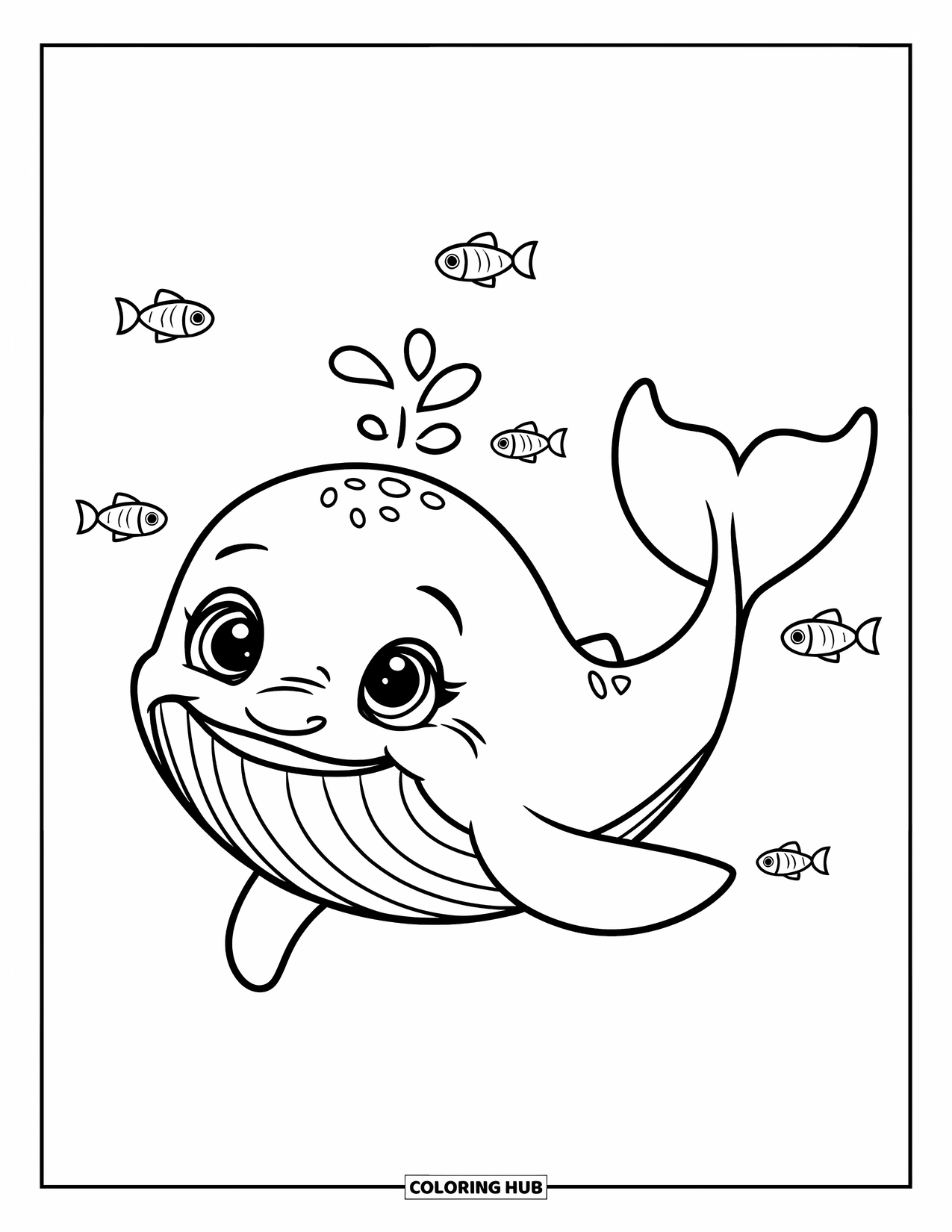 Kolorowanka z wielorybem dla dzieci: Wesoły mały wieloryb unosi się w wodzie, a figlarne rybki pływają w pobliżu