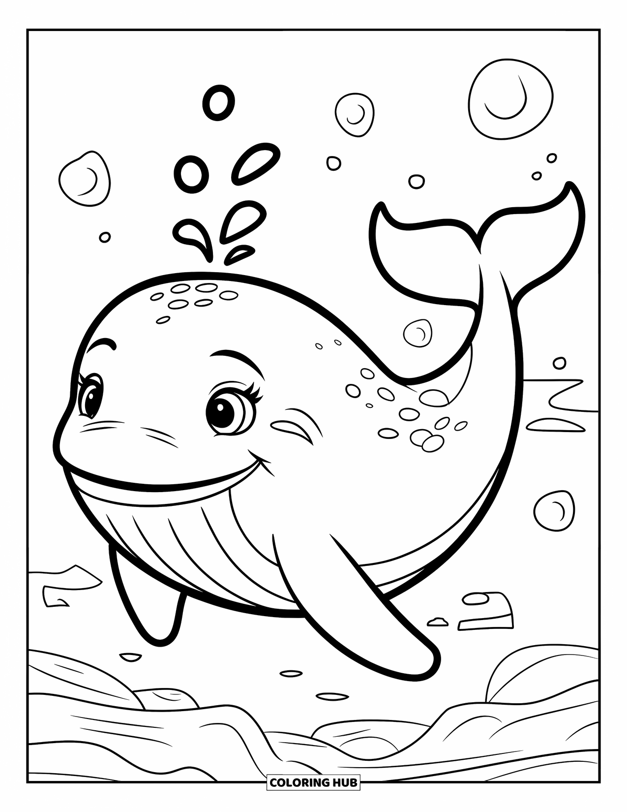 Kolorowanka z wielorybem dla dzieci: Wesoły wieloryb kołysze się w oceanie, a bańki otaczają jego okrągłą, uśmiechniętą twarz