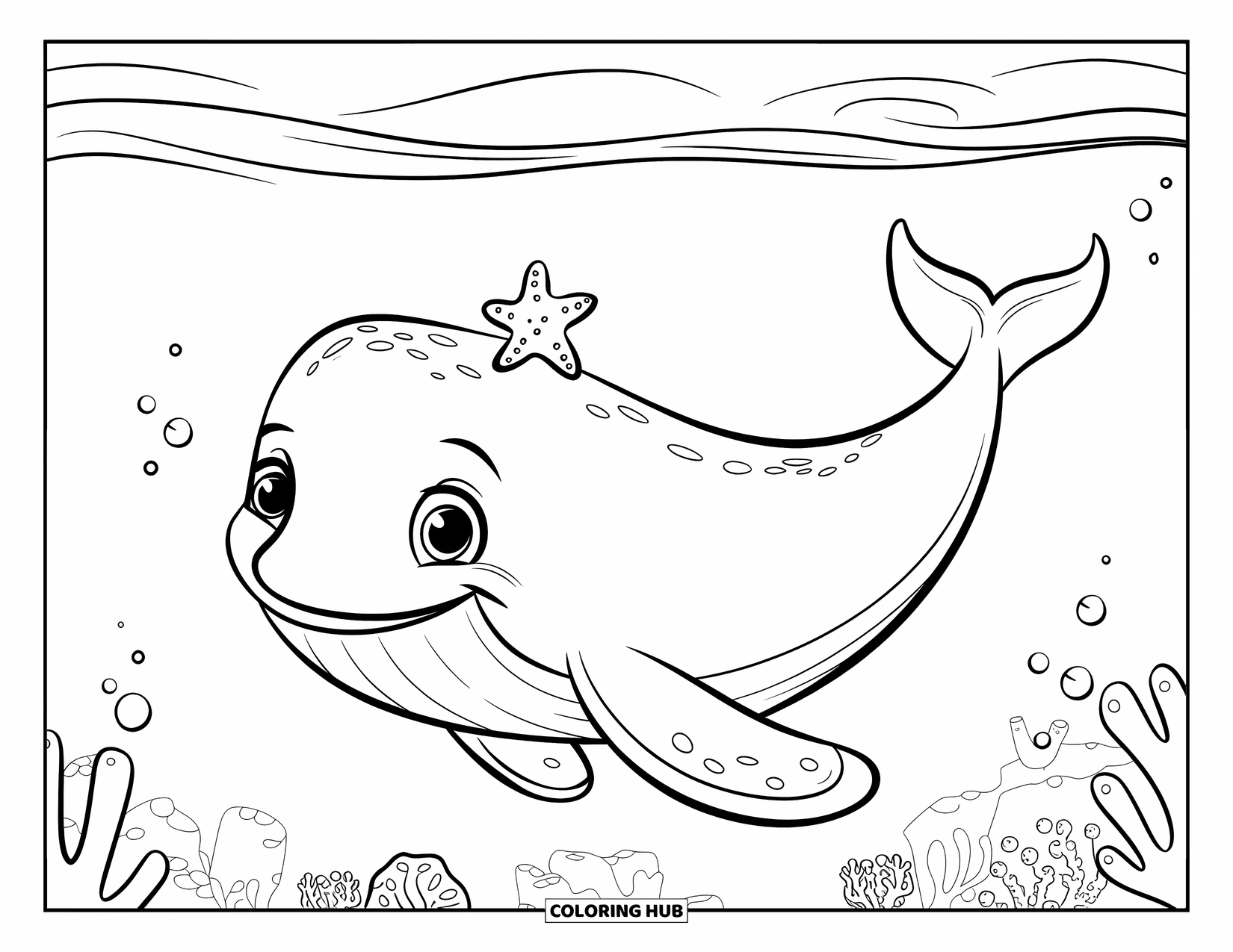 Kolorowanka z wielorybem dla dzieci: Wesoły wieloryb niesie maleńką rozgwiazdę na swoim grzbiecie, dryfując przez spokojne wody oceanu