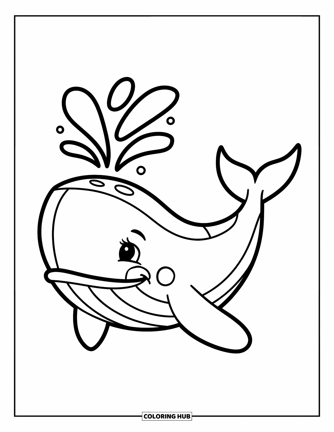 Kolorowanka z wielorybem dla dzieci: Wesoły wieloryb tryska wodą z otworu nosowego, unosząc się spokojnie na morzu