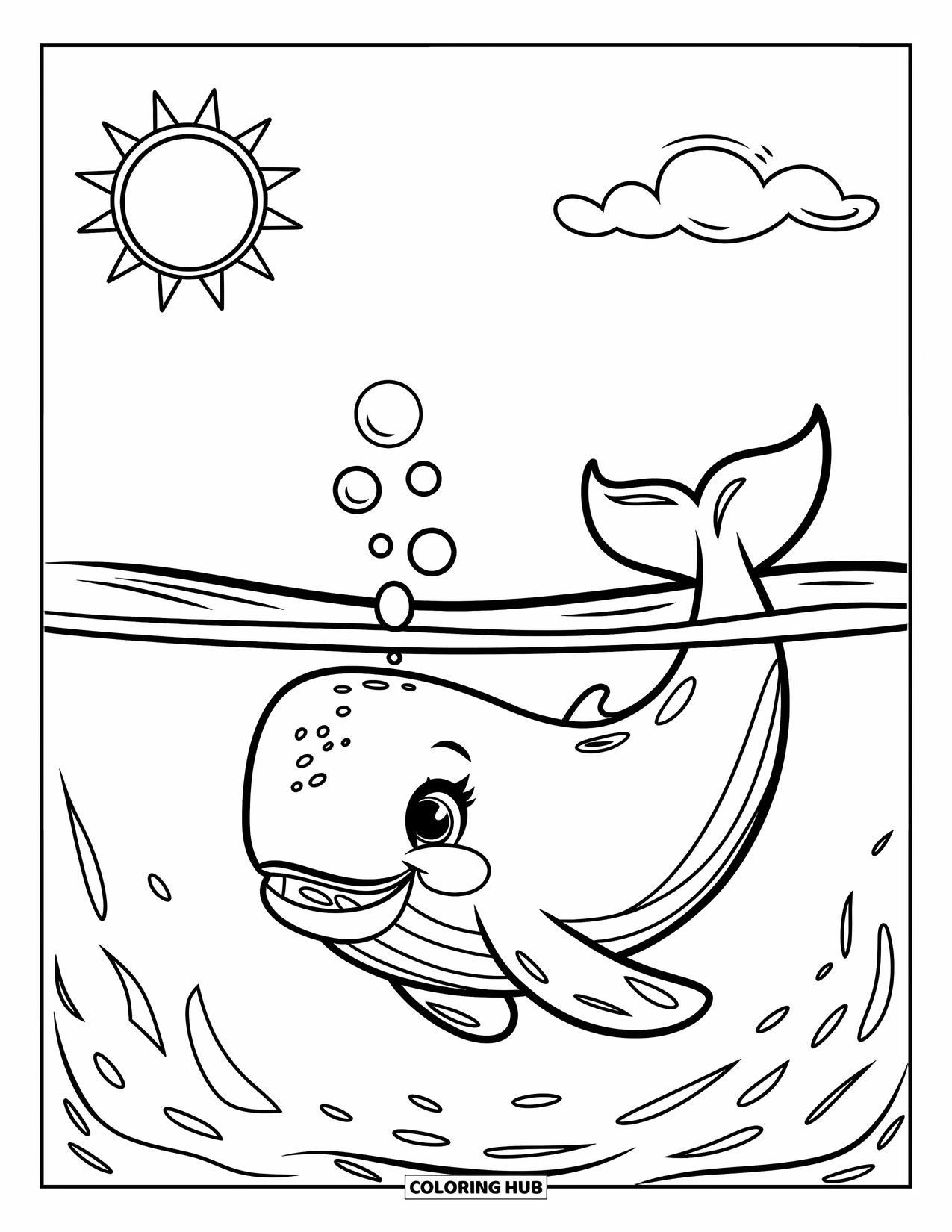 Kolorowanka z wielorybem dla dzieci: Wesoły wieloryb pływa pod jasnym słońcem, a mała chmurka dryfuje na spokojnym niebie