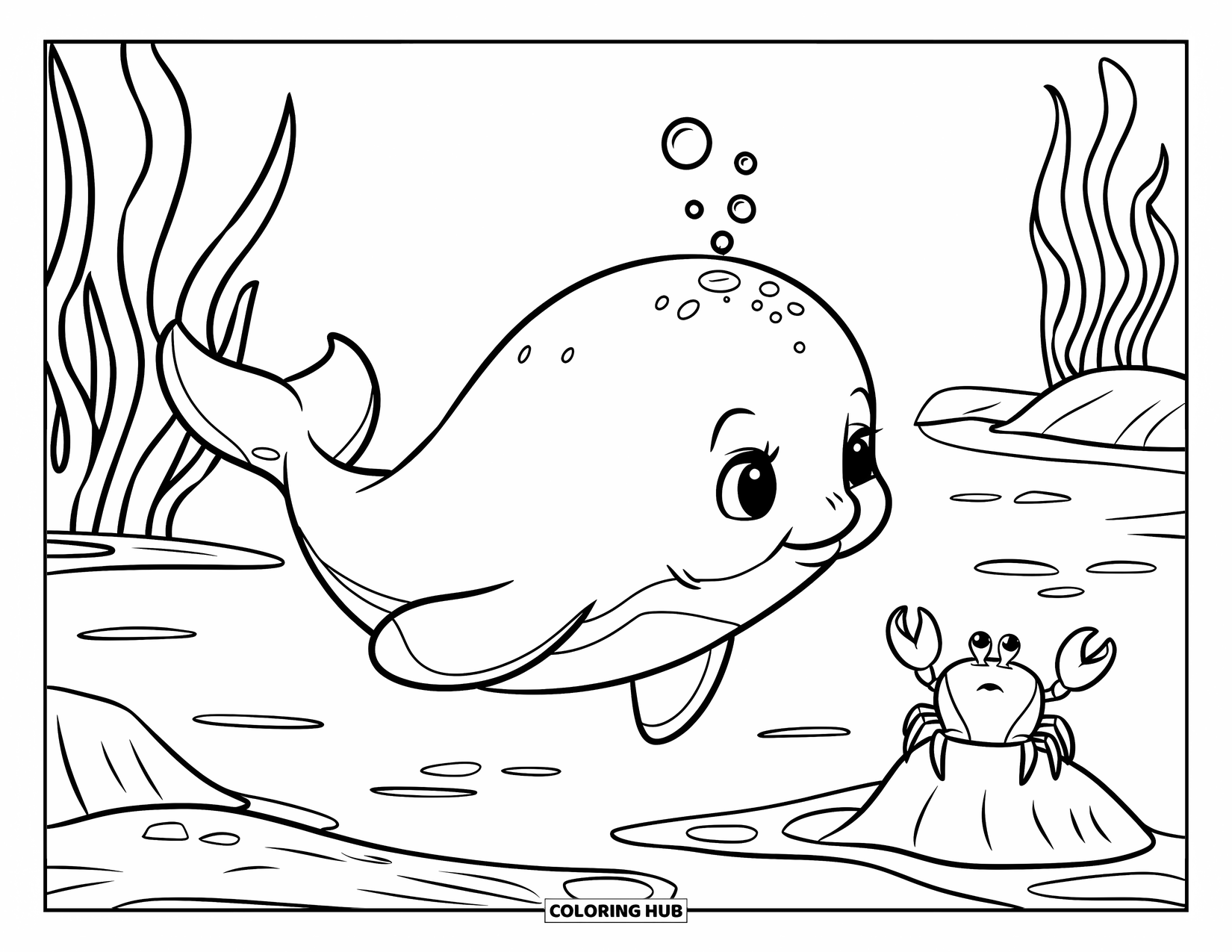 Kolorowanka z wielorybem dla dzieci: Ciekawy mały wieloryb wypuszcza bańki, podczas gdy krab obserwuje z dna morskiego pełnego wodorostów