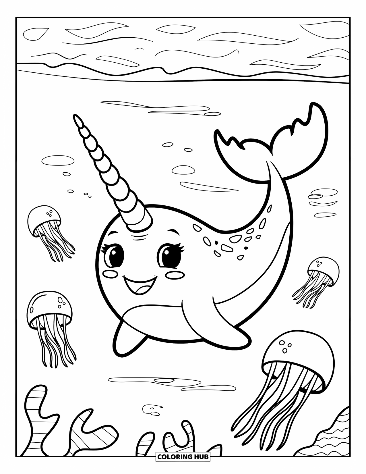 Kolorowanka z wielorybem dla dzieci: Uroczy narwal dryfuje po spokojnych wodach, a meduzy wdzięcznie poruszają się wokół niego