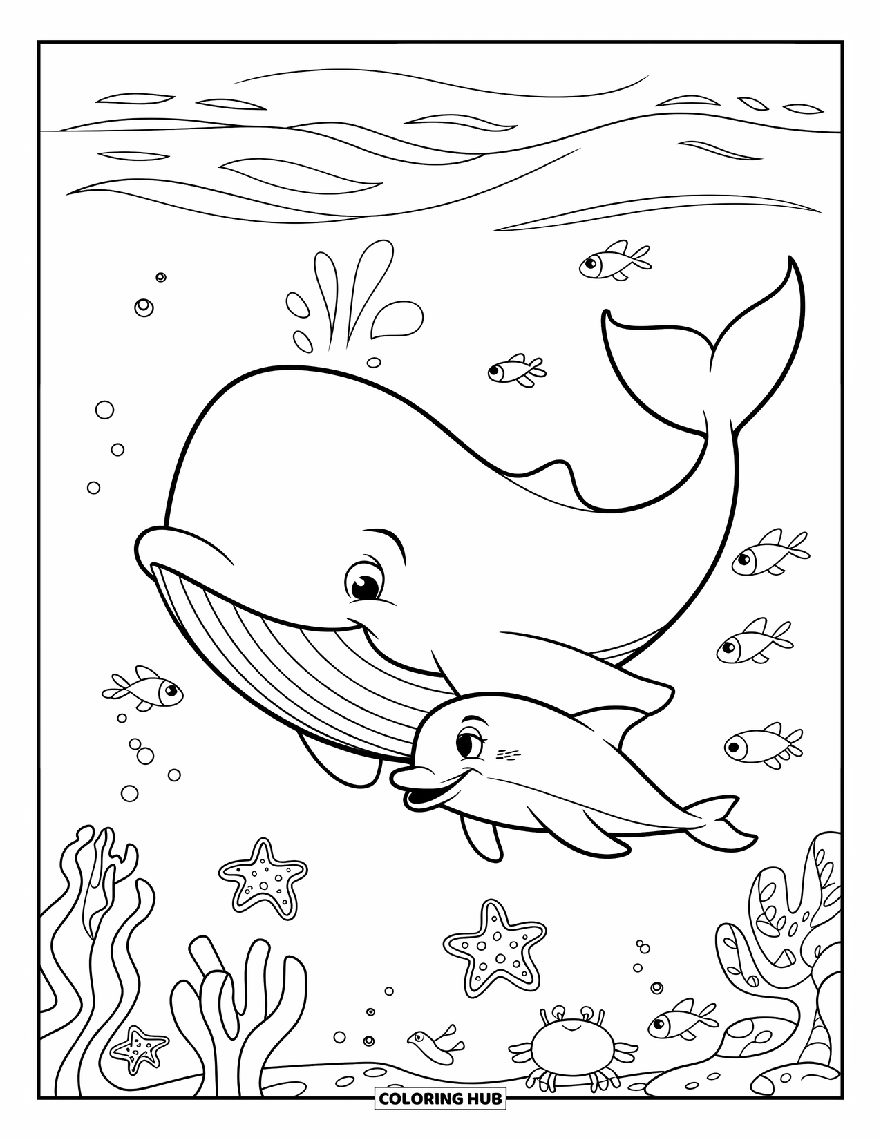 Kolorowanka z wielorybem dla dzieci: Delikatny wieloryb i figlarny delfin pływają razem, otoczeni rybami, rozgwiazdami i krabem
