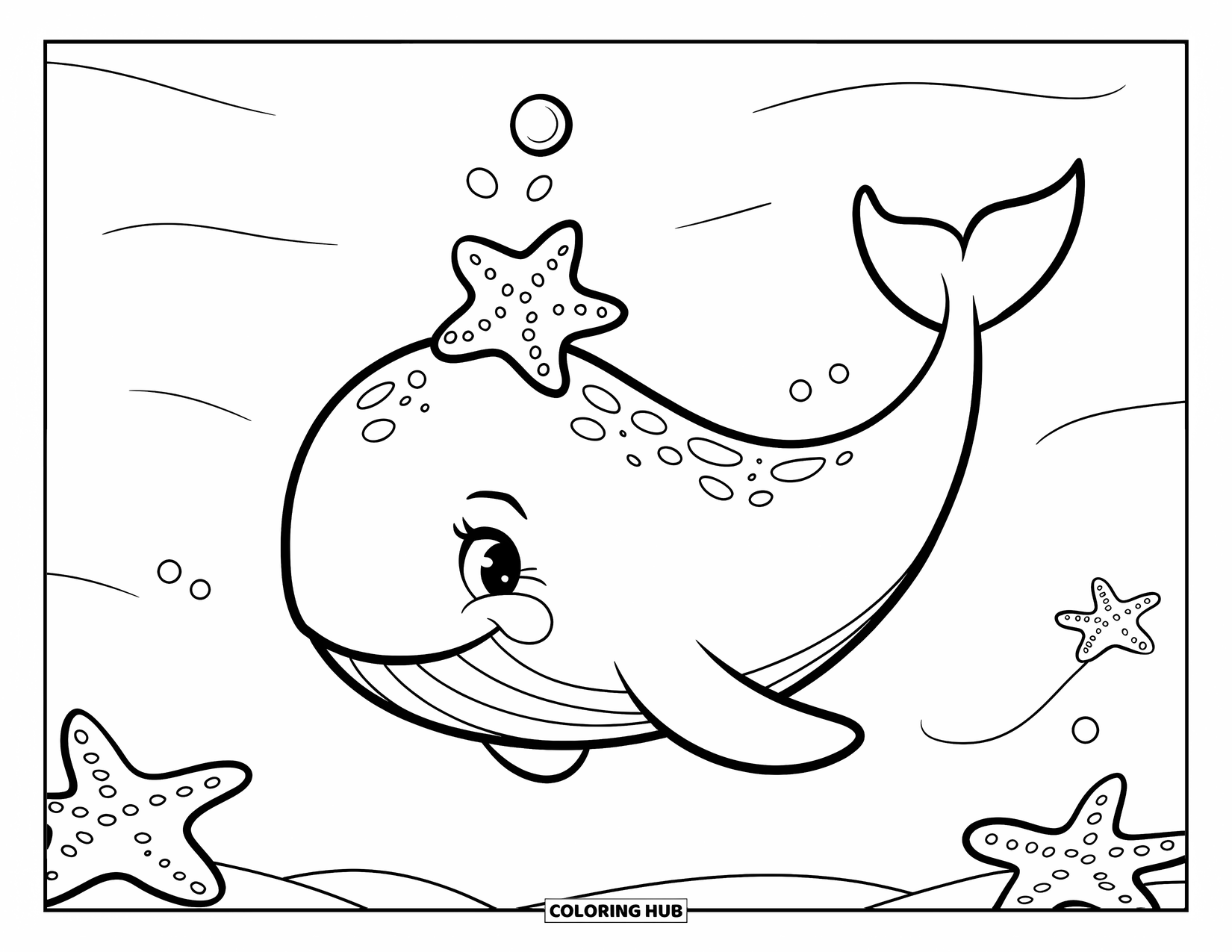 Kolorowanka z wielorybem dla dzieci: Radosny wieloryb dryfuje w wodzie, a maleńka rozgwiazda delikatnie spoczywa na jego grzbiecie