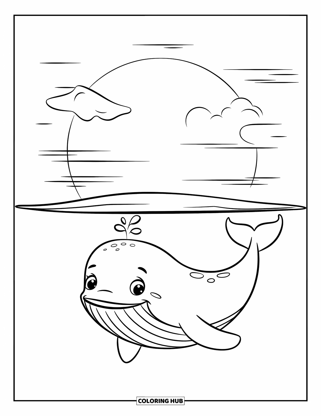Kolorowanka z wielorybem dla dzieci: Radosny wieloryb unosi się blisko powierzchni, ze świecącym słońcem i miękkimi chmurami na niebie