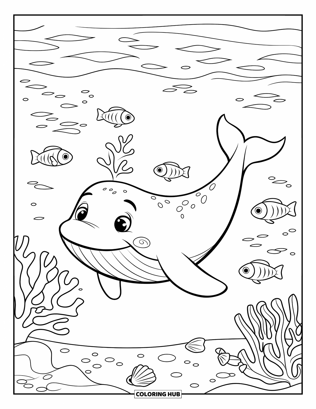 Kolorowanka z wielorybem dla dzieci: Radosny wieloryb płynie przez wody pełne koralowców, a małe rybki przemykają wokół jego gładkiego ciała