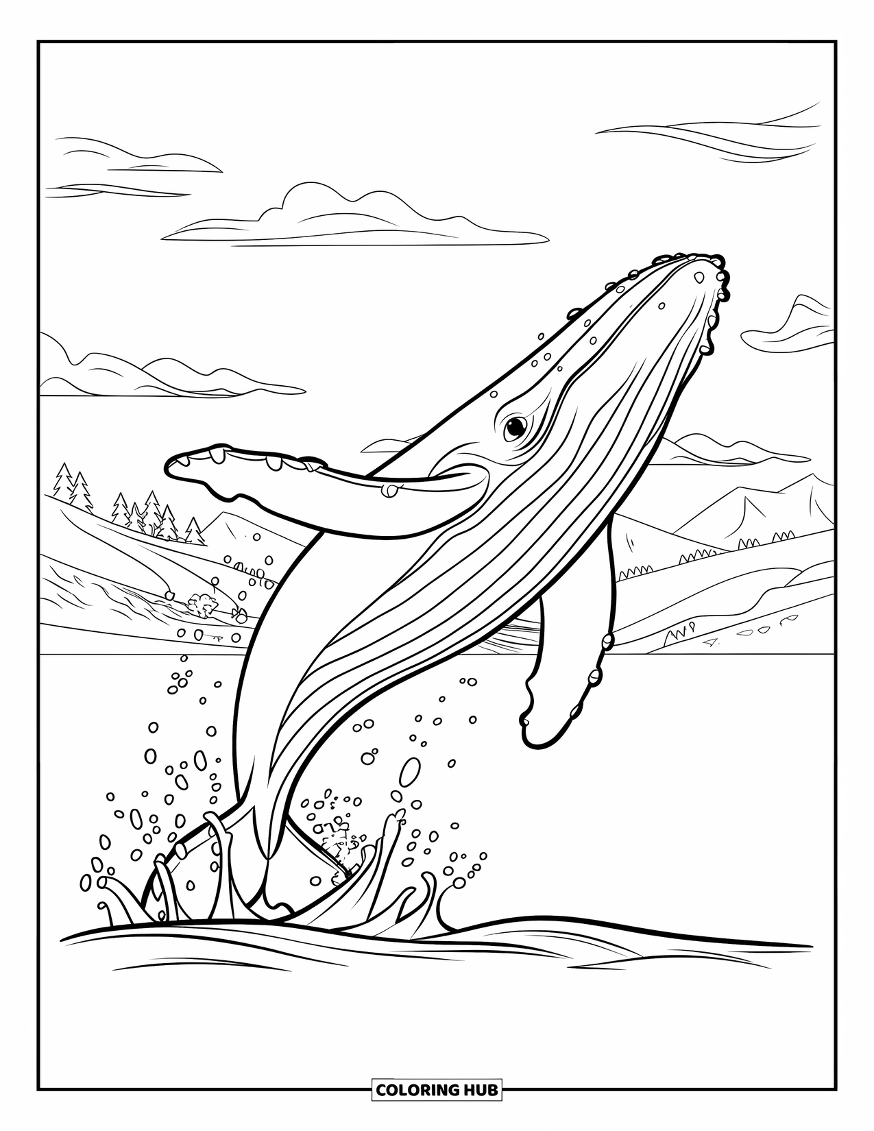 Kolorowanka z wielorybem dla dzieci: Humbak skacze wysoko nad oceanem, a fale pluskają się pod niebem z chmurami