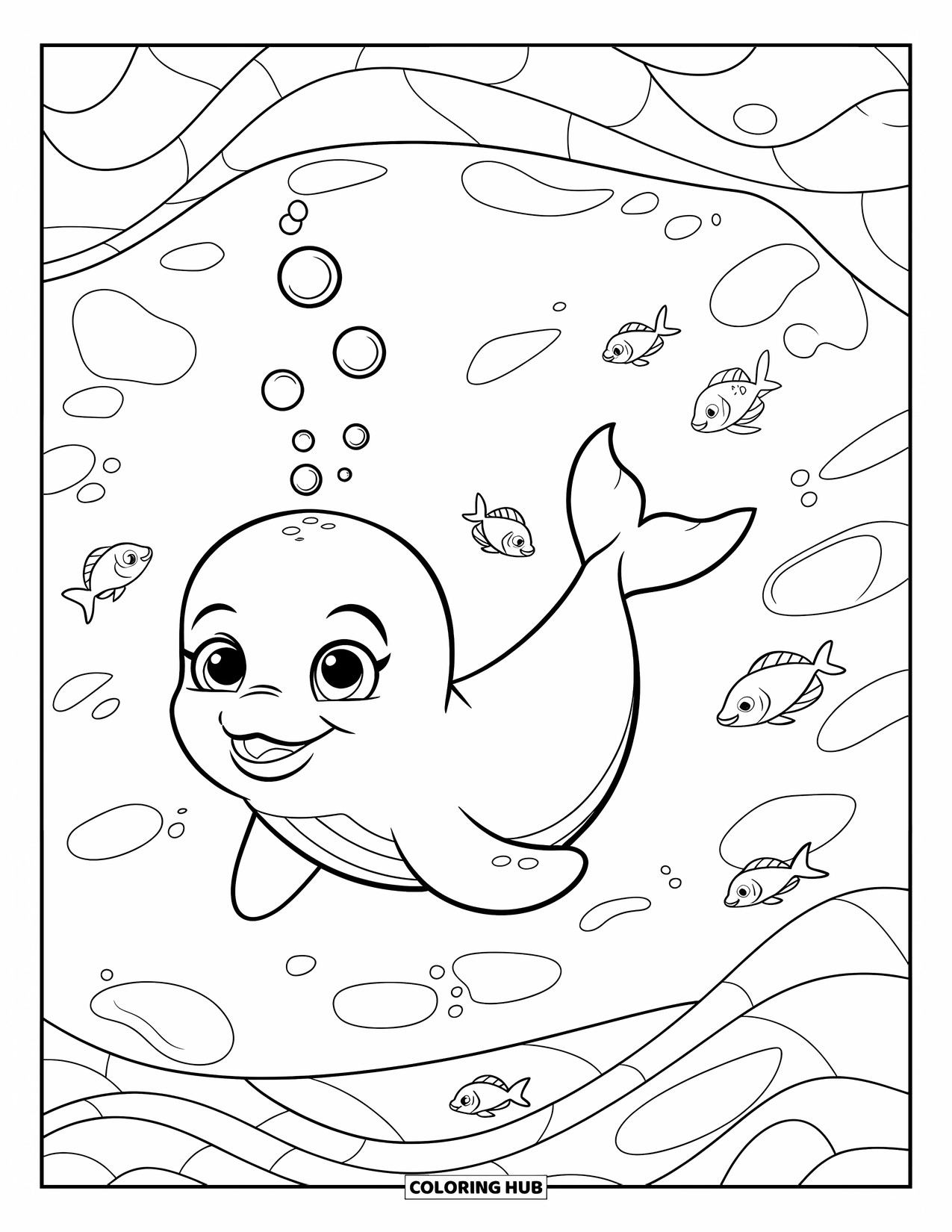 Kolorowanka z wielorybem dla dzieci: Radosny mały wieloryb puszcza bańki, a figlarne rybki otaczają go w falach oceanu