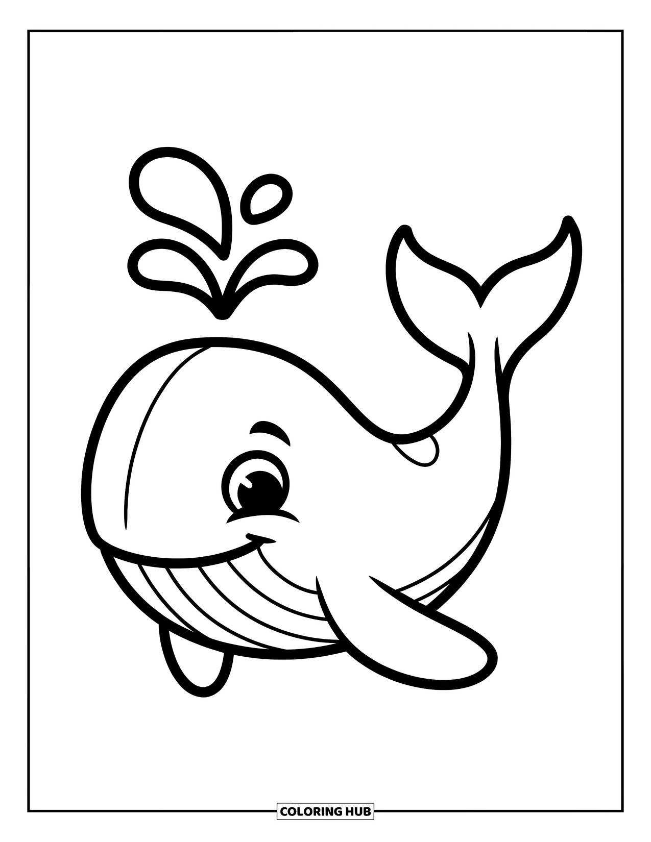 Kolorowanka z wielorybem dla dzieci: Radosny wieloryb tryska wodą, a jego gładkie ciało unosi się na otwartym oceanie