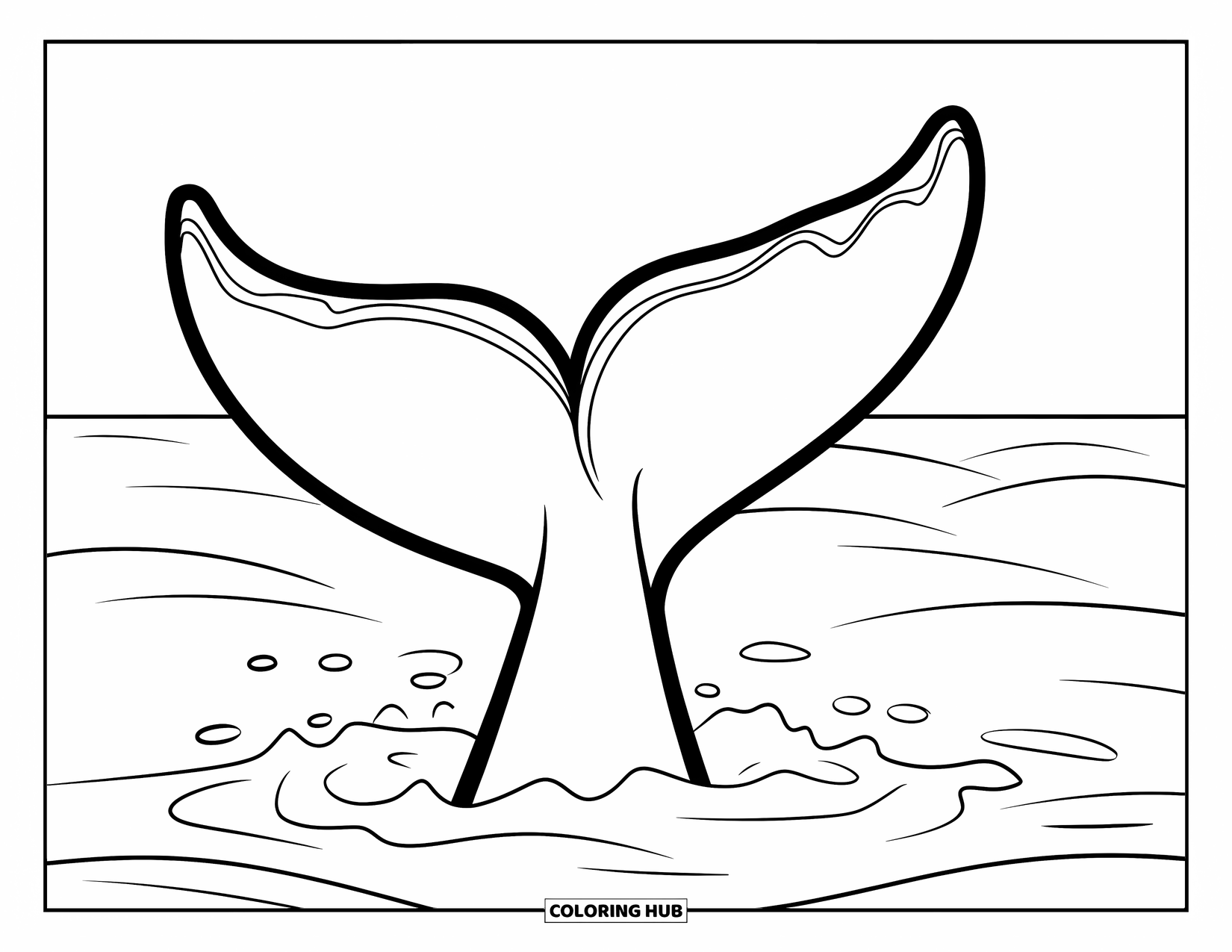Kolorowanka z wielorybem dla dzieci: Duży ogon wieloryba wznosi się nad oceanem, tworząc zmarszczki na spokojnej wodzie