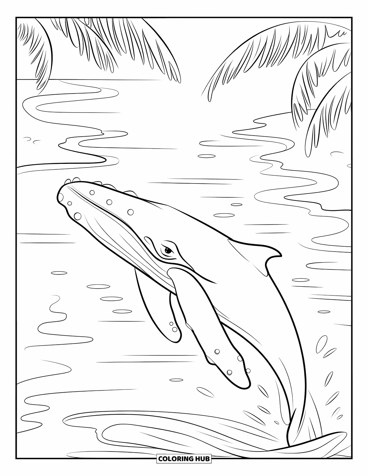 Kolorowanka z wielorybem dla dzieci: Wyskakujący wieloryb zatacza łuk nad wodą, z spokojną plażą i kołyszącymi się palmami za nim