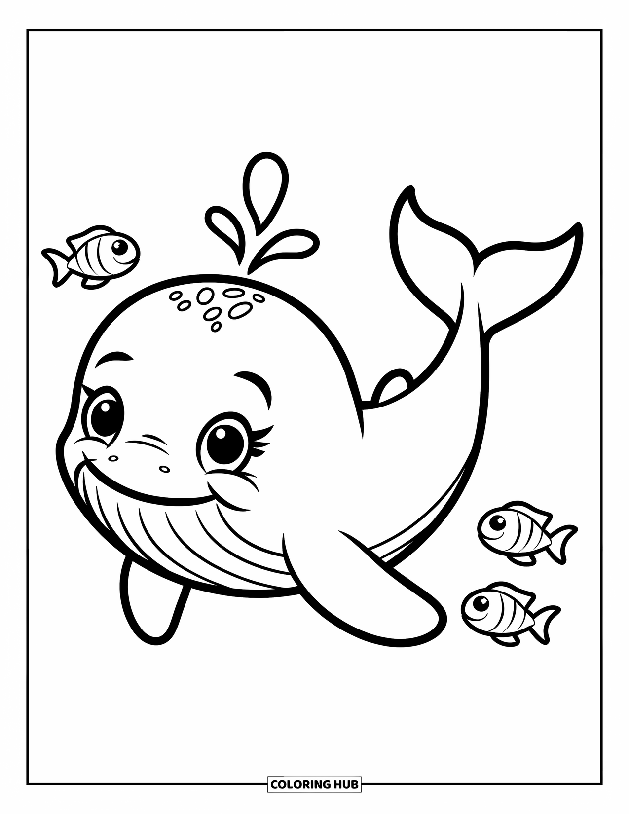 Kolorowanka z wielorybem dla dzieci: Żywy mały wieloryb pływa radośnie, a drobne rybki przemykają wokół w oceanie